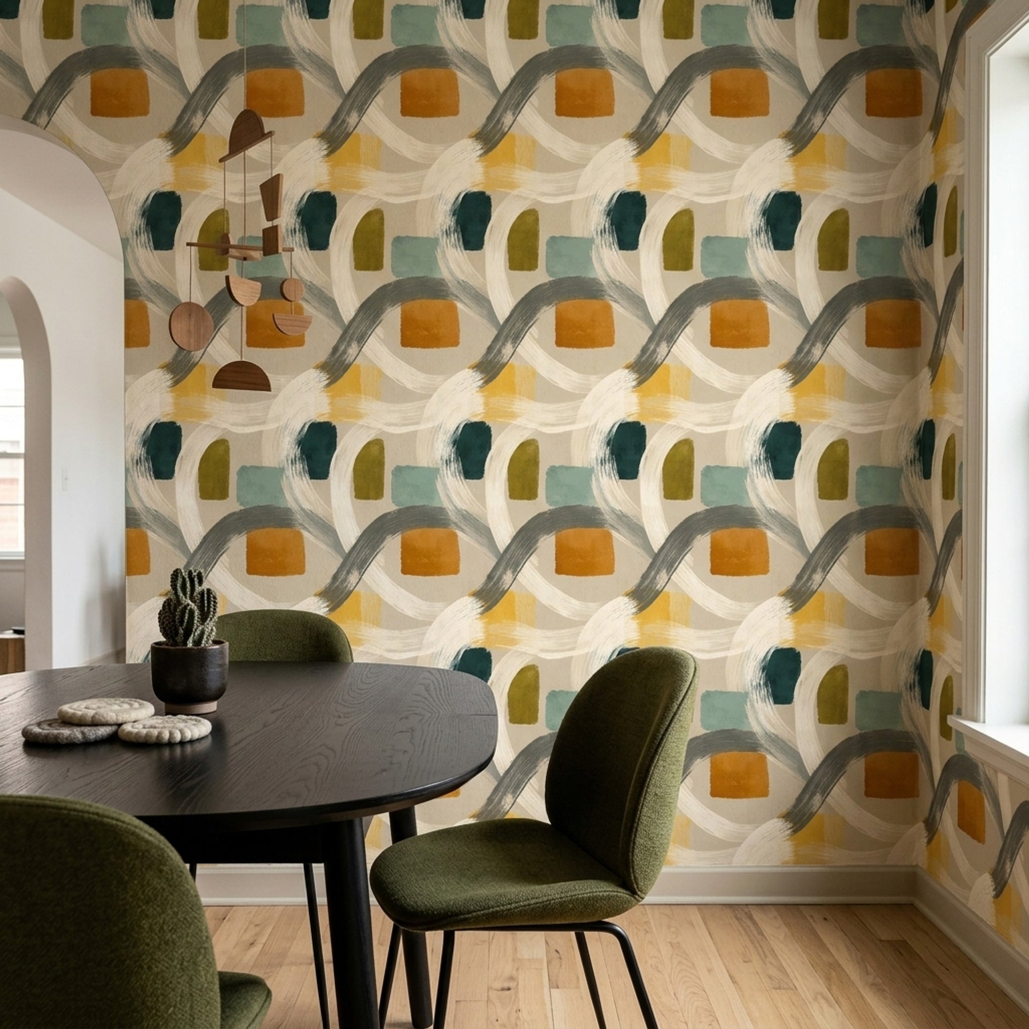 Geometrik Fırça İzli Duvar Kağıdı Yeşil Hardal Modern Desen
