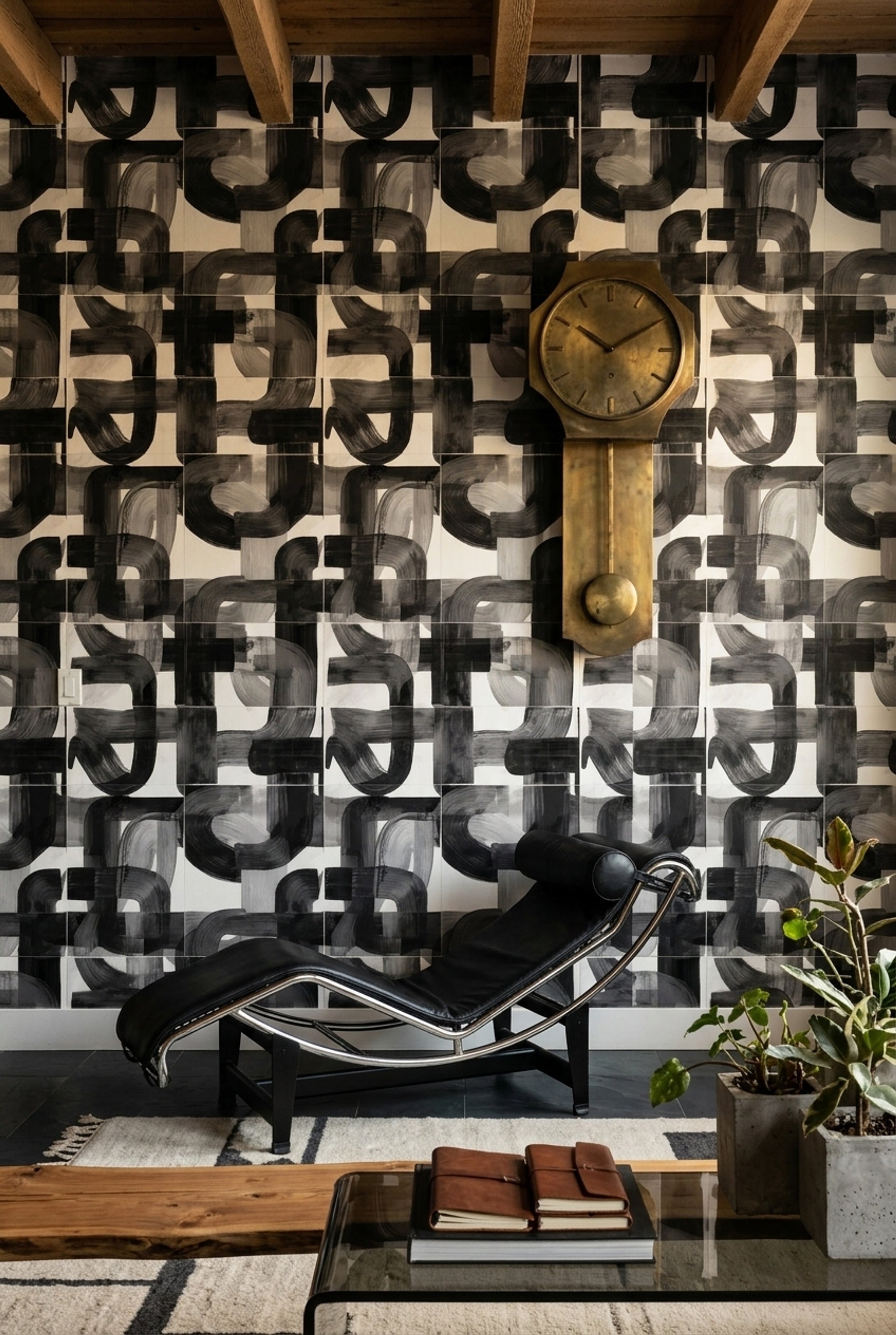 Soyut Geometrik Duvar Kağıdı Siyah Beyaz Desenli Salon