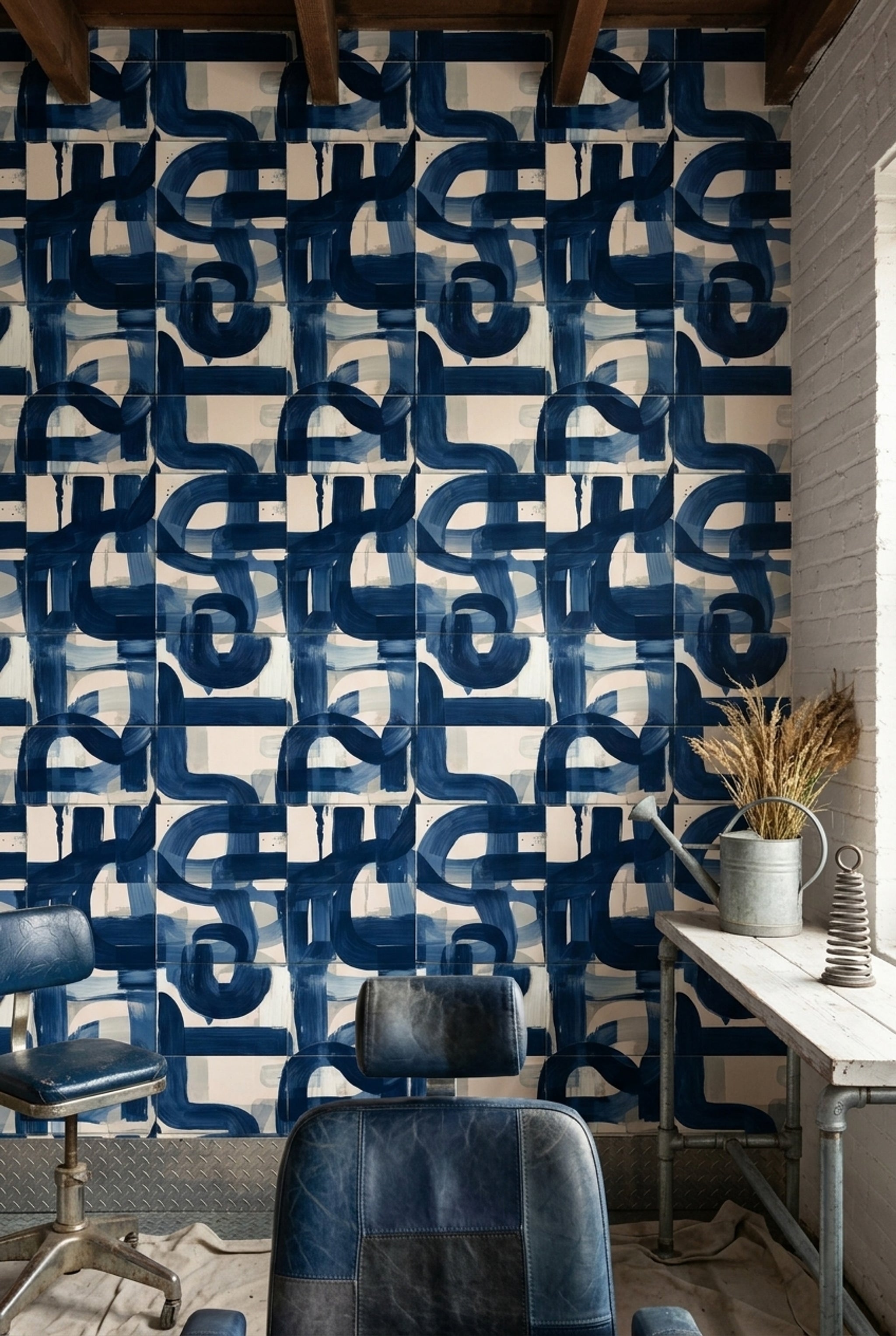 Lacivert Fırça Darbeli Geometrik Duvar Kağıdı Modern Salon