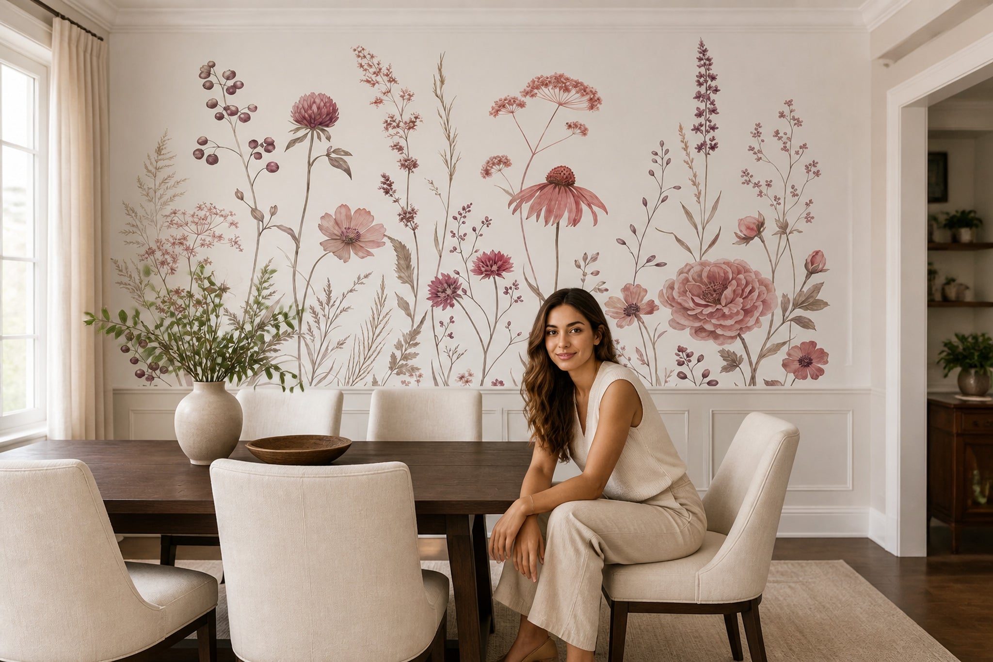Pastel Kır Çiçekleri Poster Duvar Kağıdı Pudra Pembe Salon