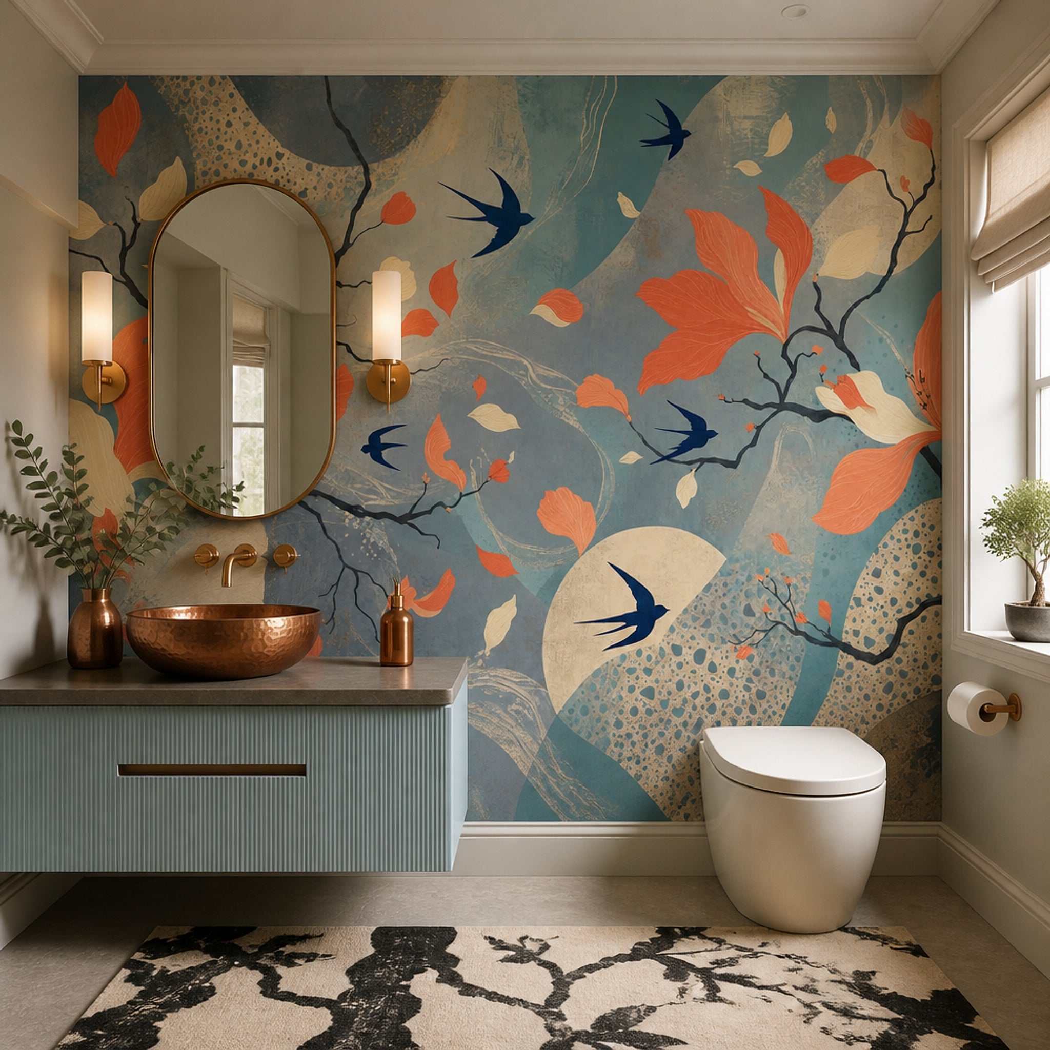 Kuşlu Çiçekli Poster Duvar Kağıdı Turkuaz Modern Salon