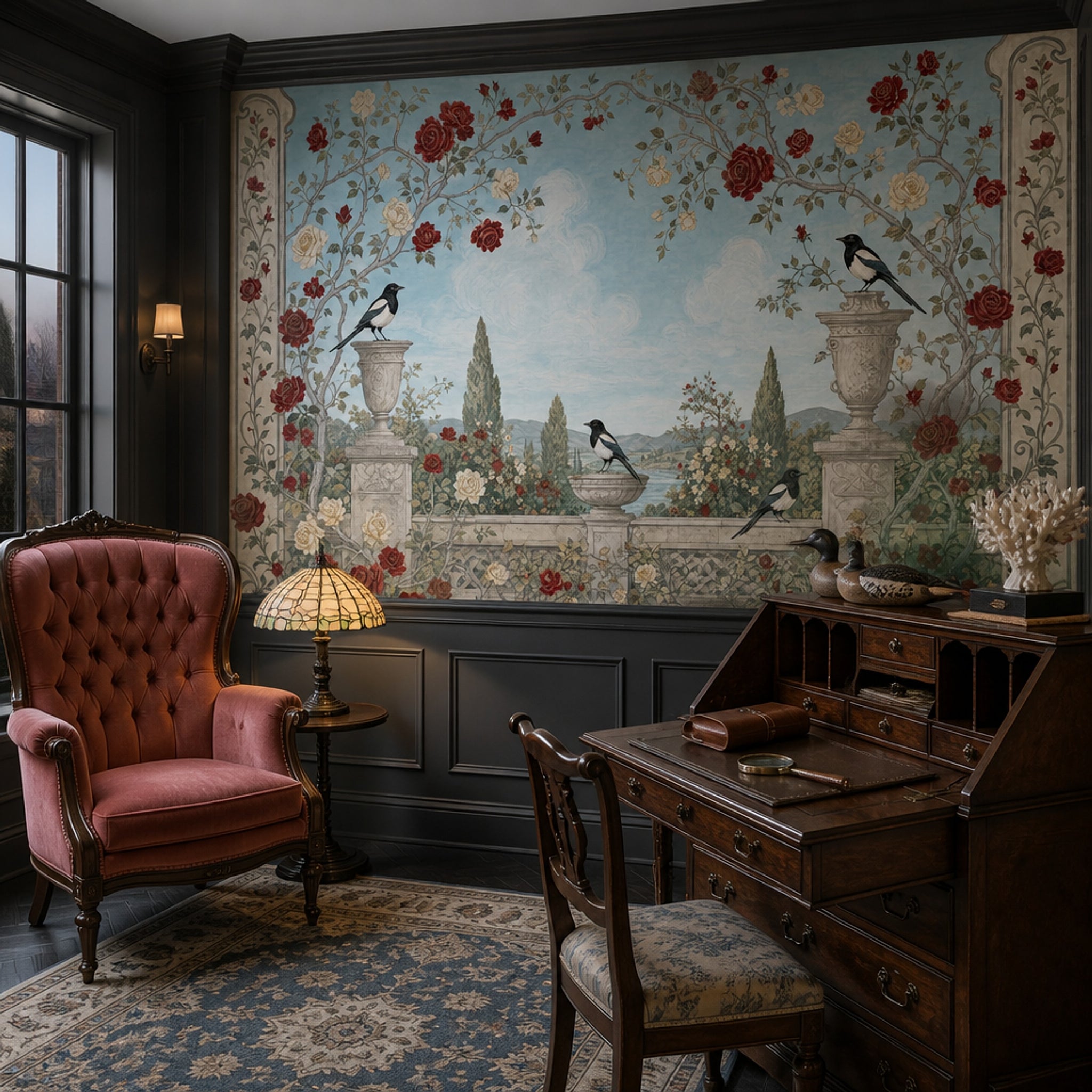 Kuşlu Gül Bahçesi Poster Duvar Kağıdı Mavi Klasik Salon
