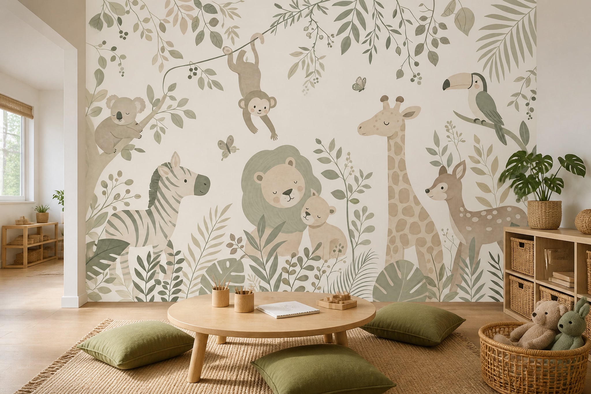Safari Hayvanlı Poster Duvar Kağıdı Pastel Yeşil Çocuk Odası