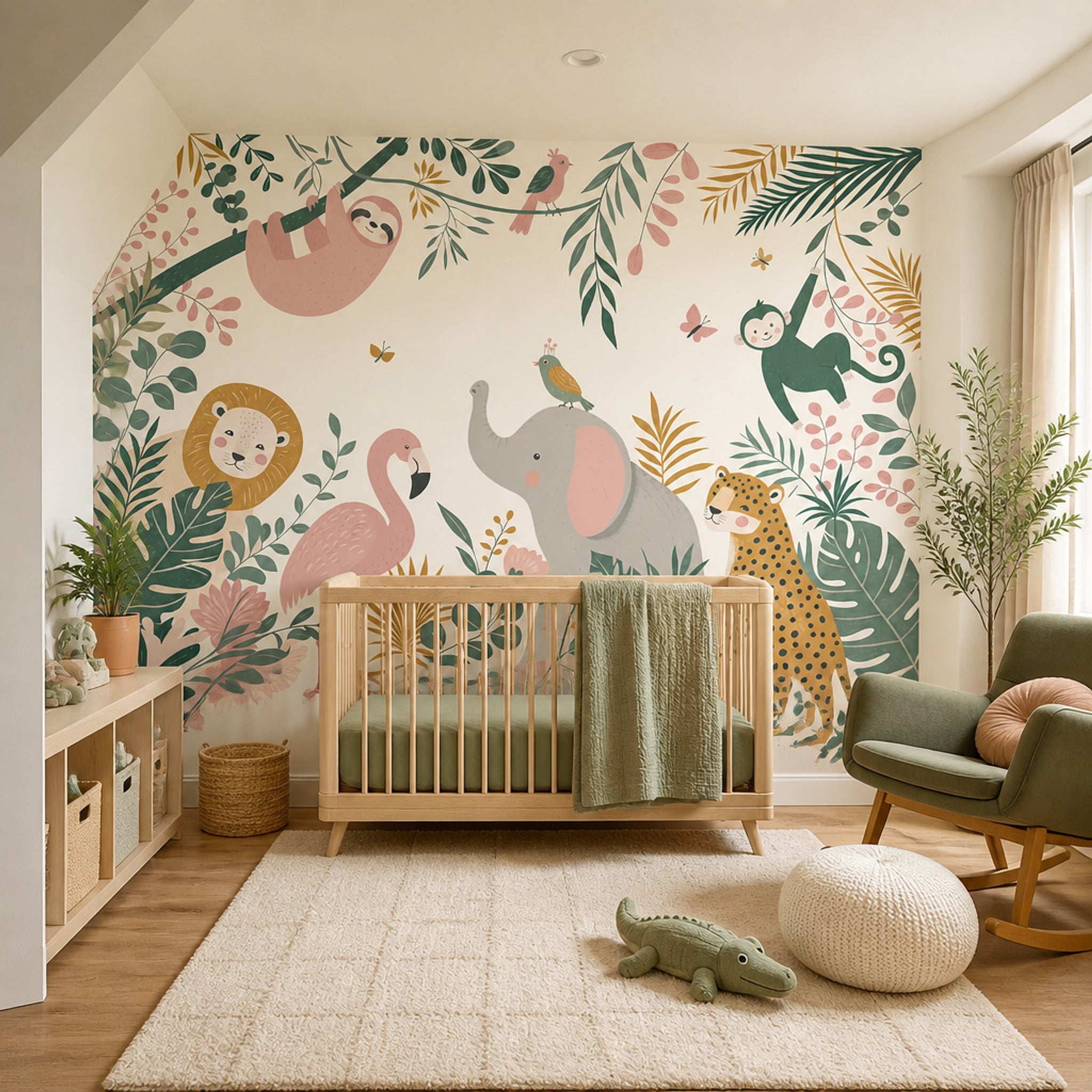 Safari Hayvanlı Poster Duvar Kağıdı Yeşil Pastel Bebek Odası