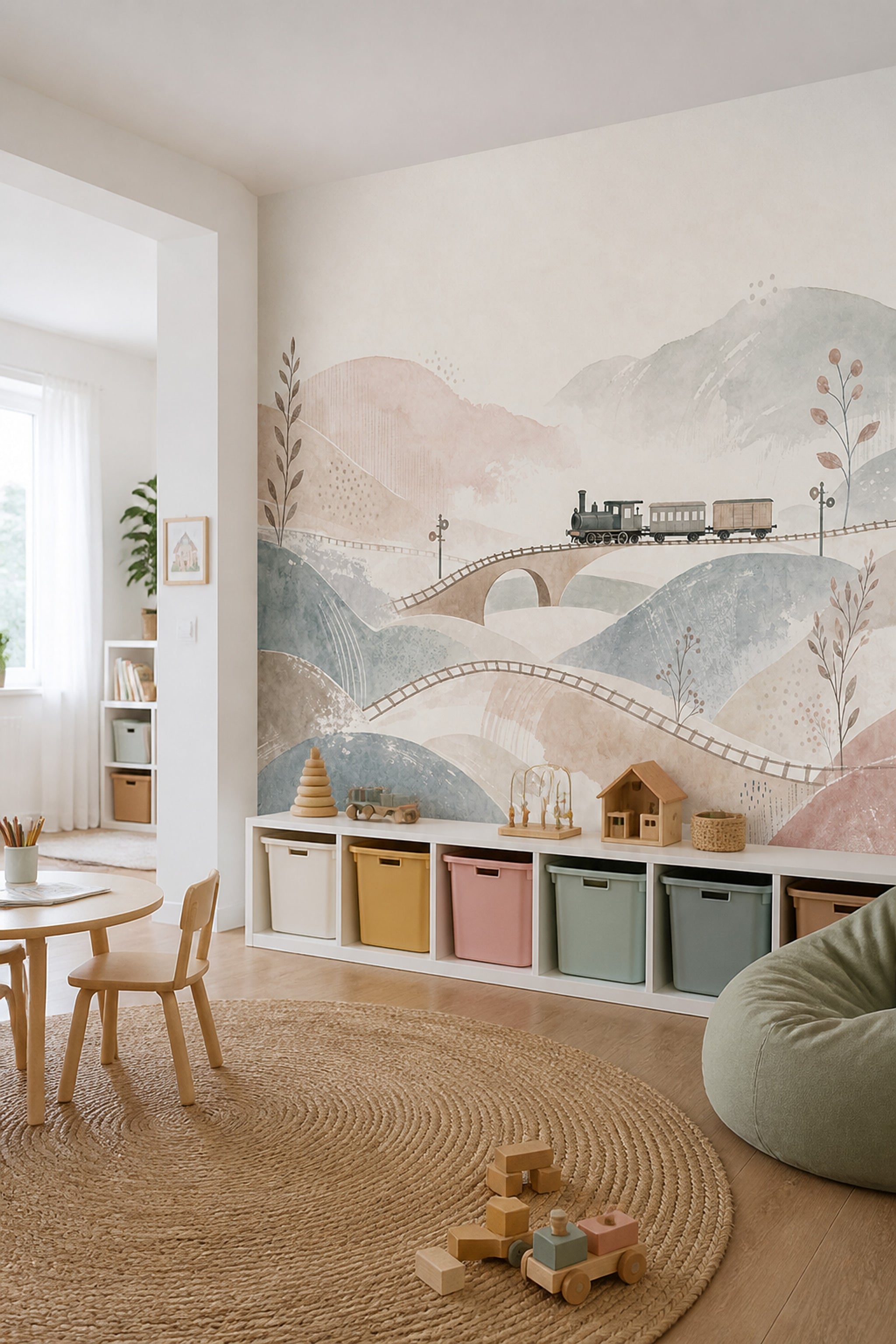 Pastel Tren Manzaralı Poster Duvar Kağıdı Bebek Odası