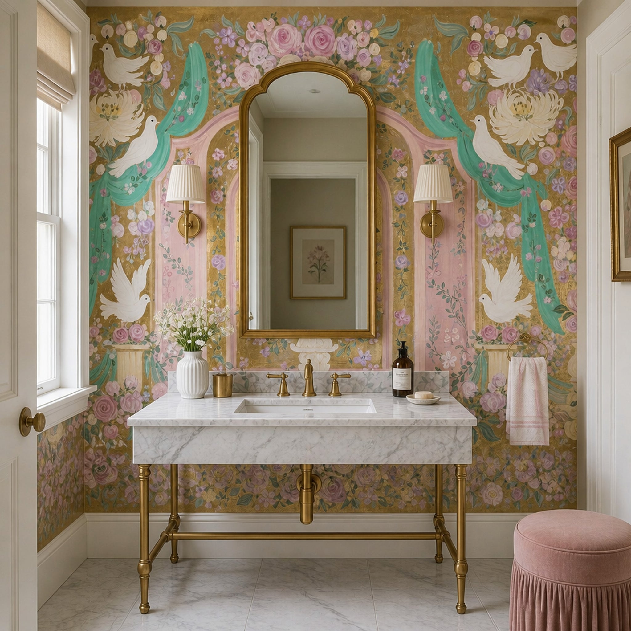 Güllü Güvercinli Poster Duvar Kağıdı Pastel Salon Duvar Dekoru