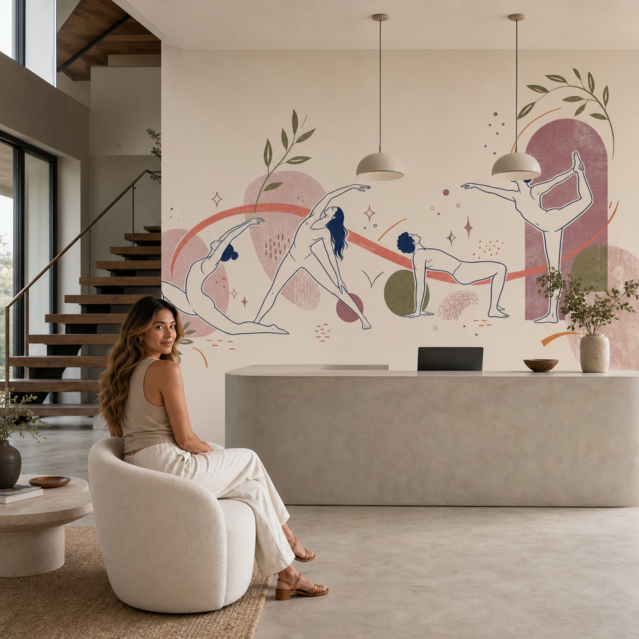 Yoga Pozlu Poster Duvar Kağıdı Pastel Soyut Stüdyo Duvarı