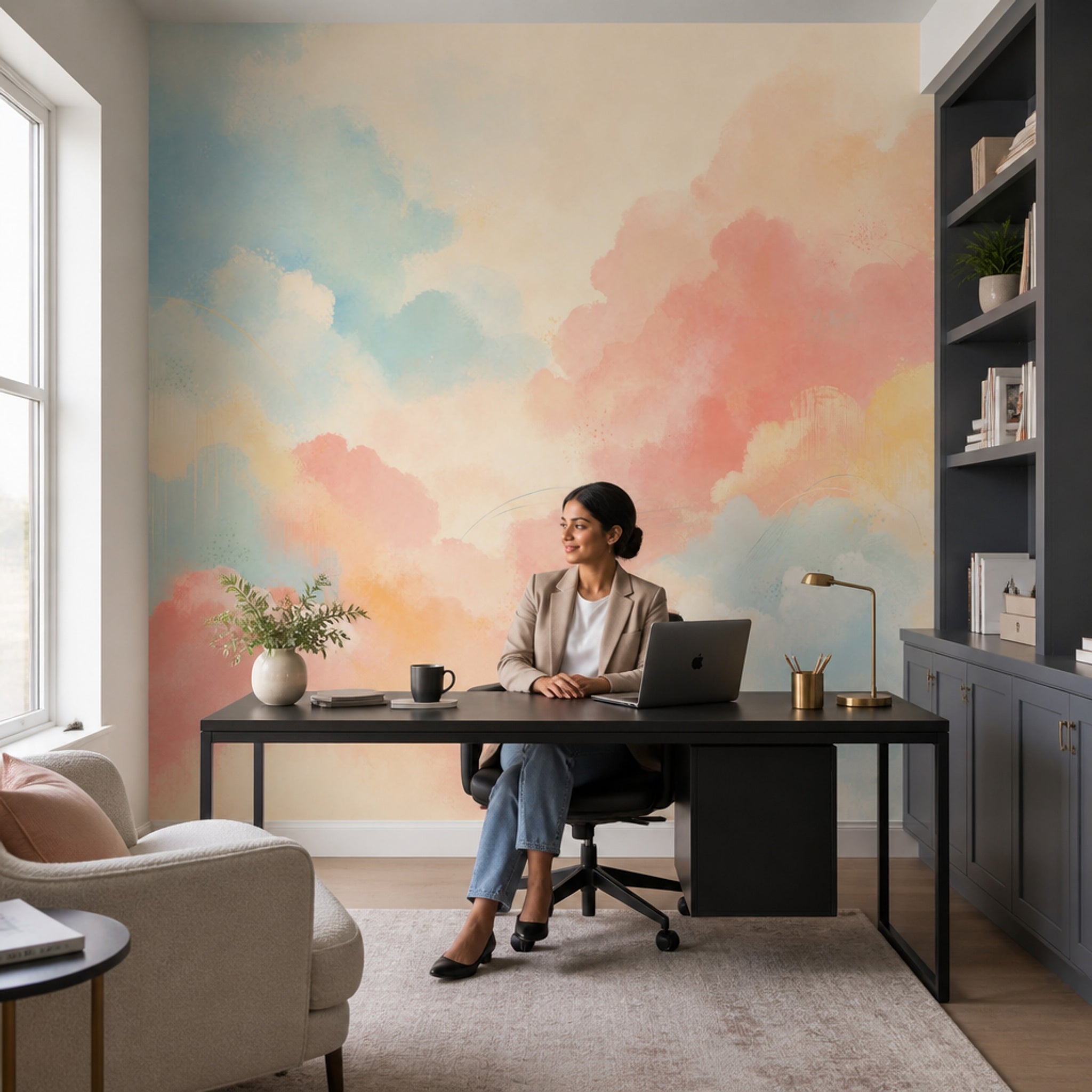 Pastel Bulut Desenli Poster Duvar Kağıdı Renk Geçişli Salon