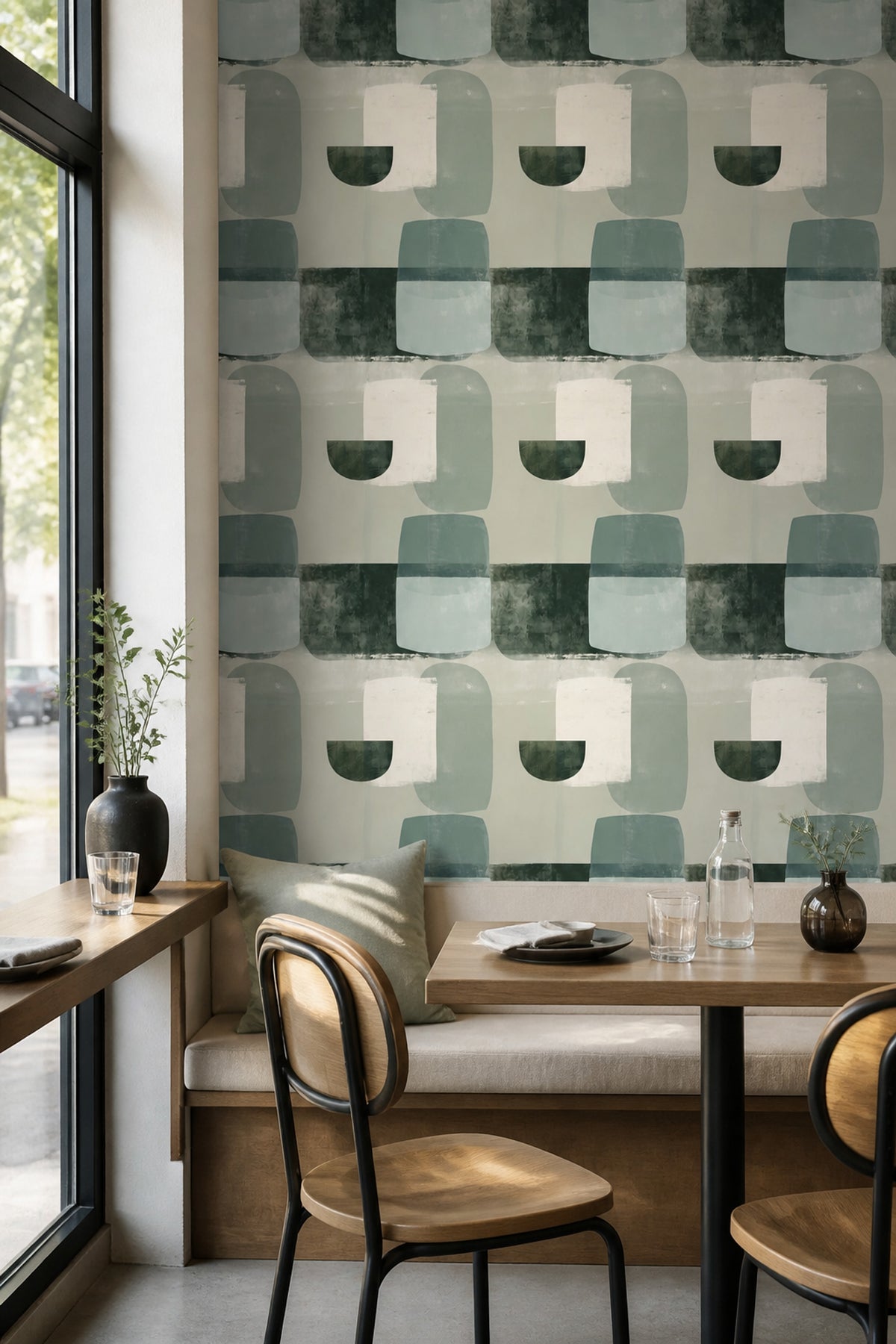 Geometrik Soyut Duvar Kağıdı Yeşil Bej Modern Salon