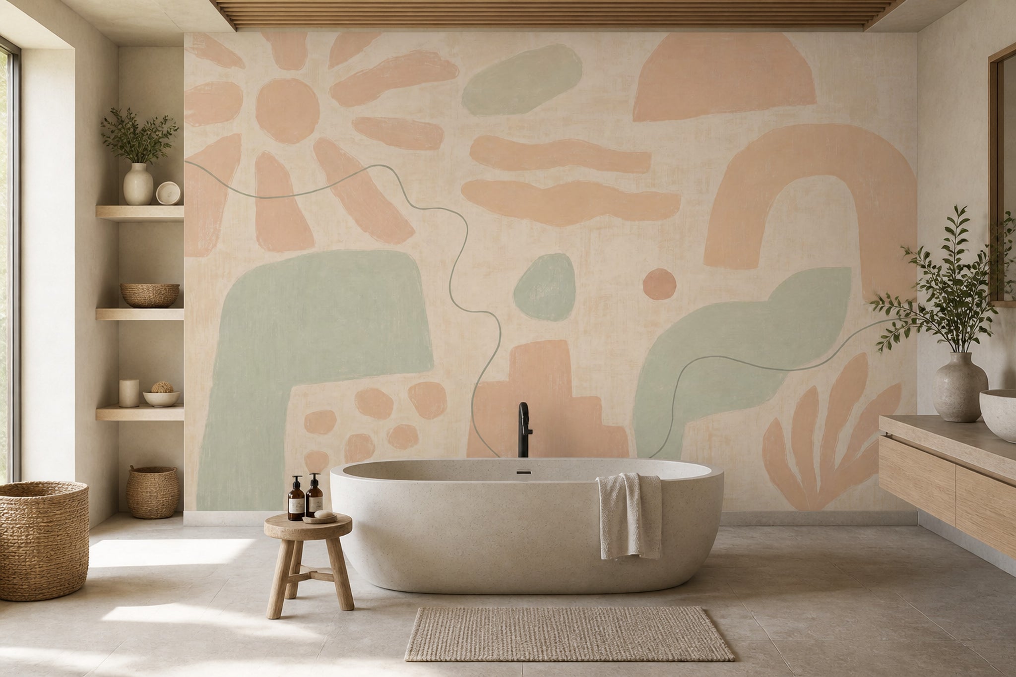 Pastel Soyut Şekilli Poster Duvar Kağıdı Yeşil Bej Banyo