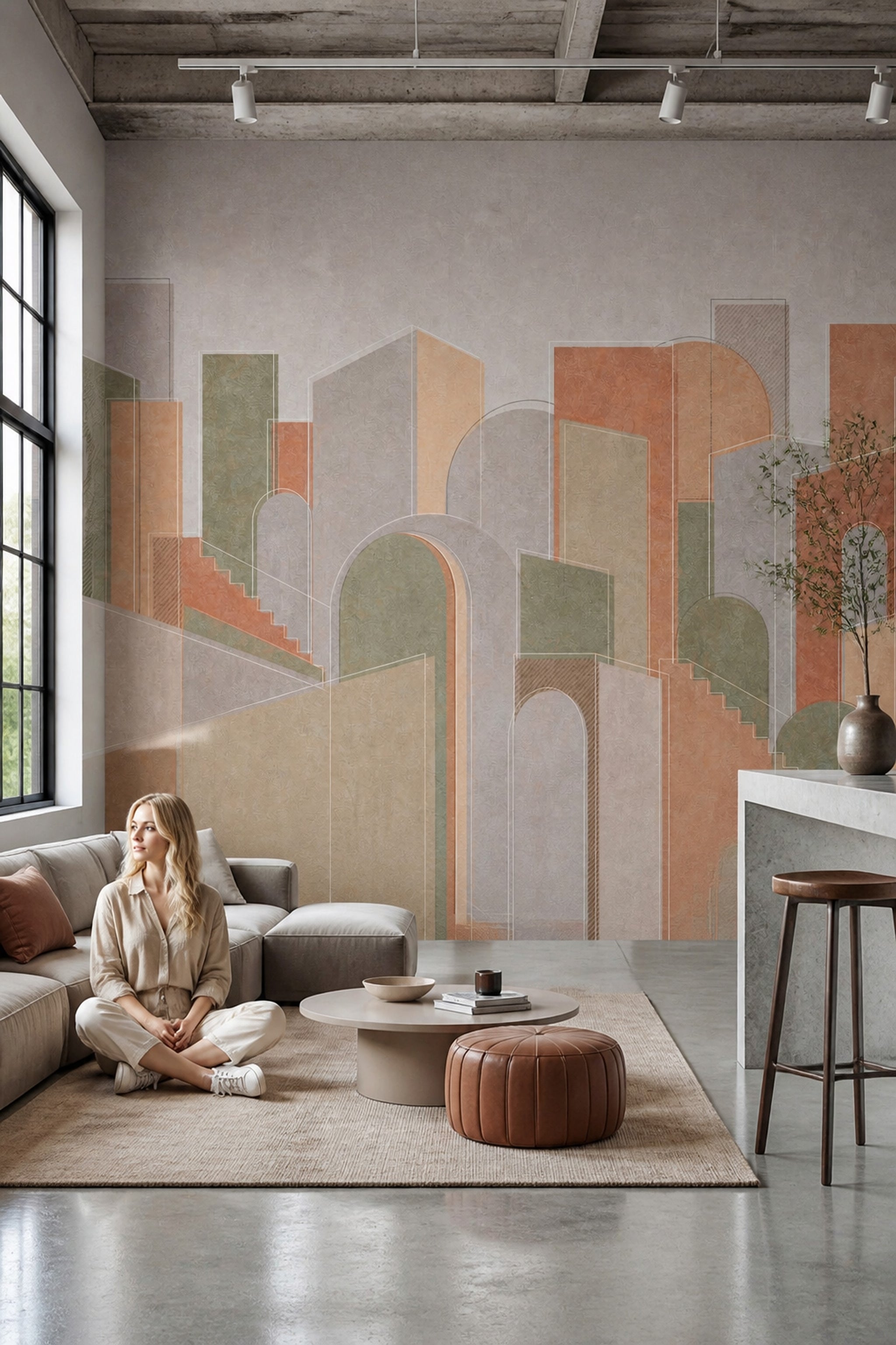 Geometrik Kemerli Poster Duvar Kağıdı Terracotta Gri Salon