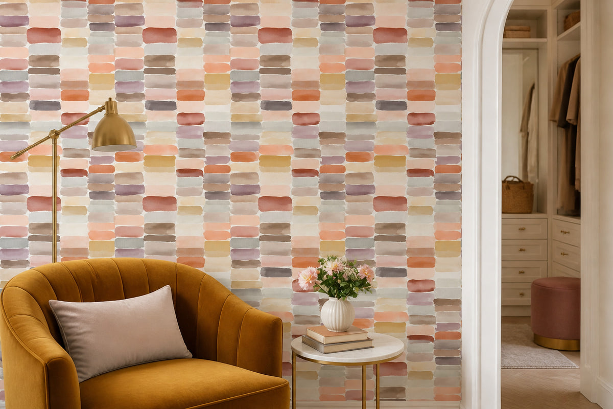 Sulu Boya Geometrik Duvar Kağıdı Pastel Renkli Salon