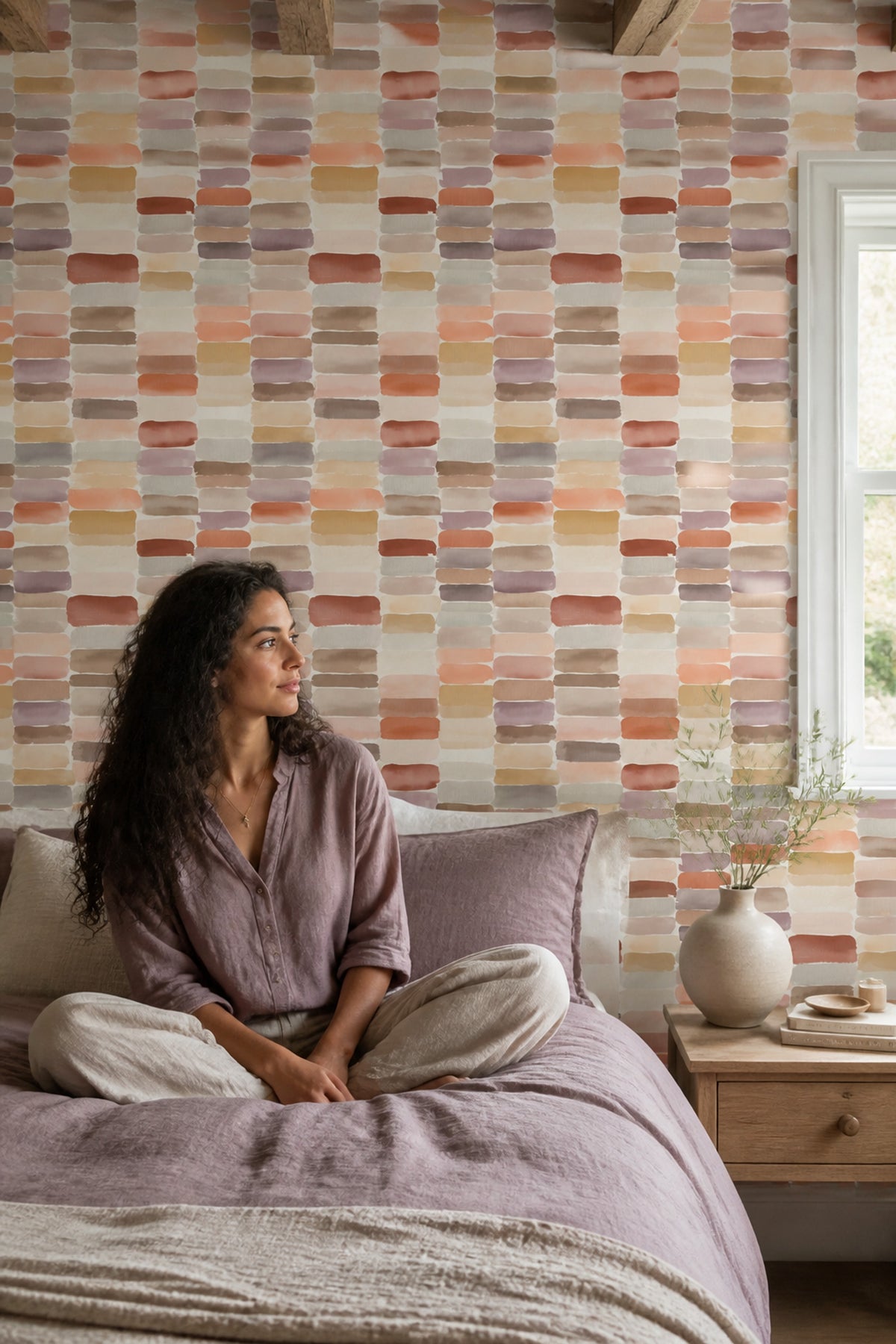 Sulu Boya Geometrik Duvar Kağıdı Pastel Renkli Salon