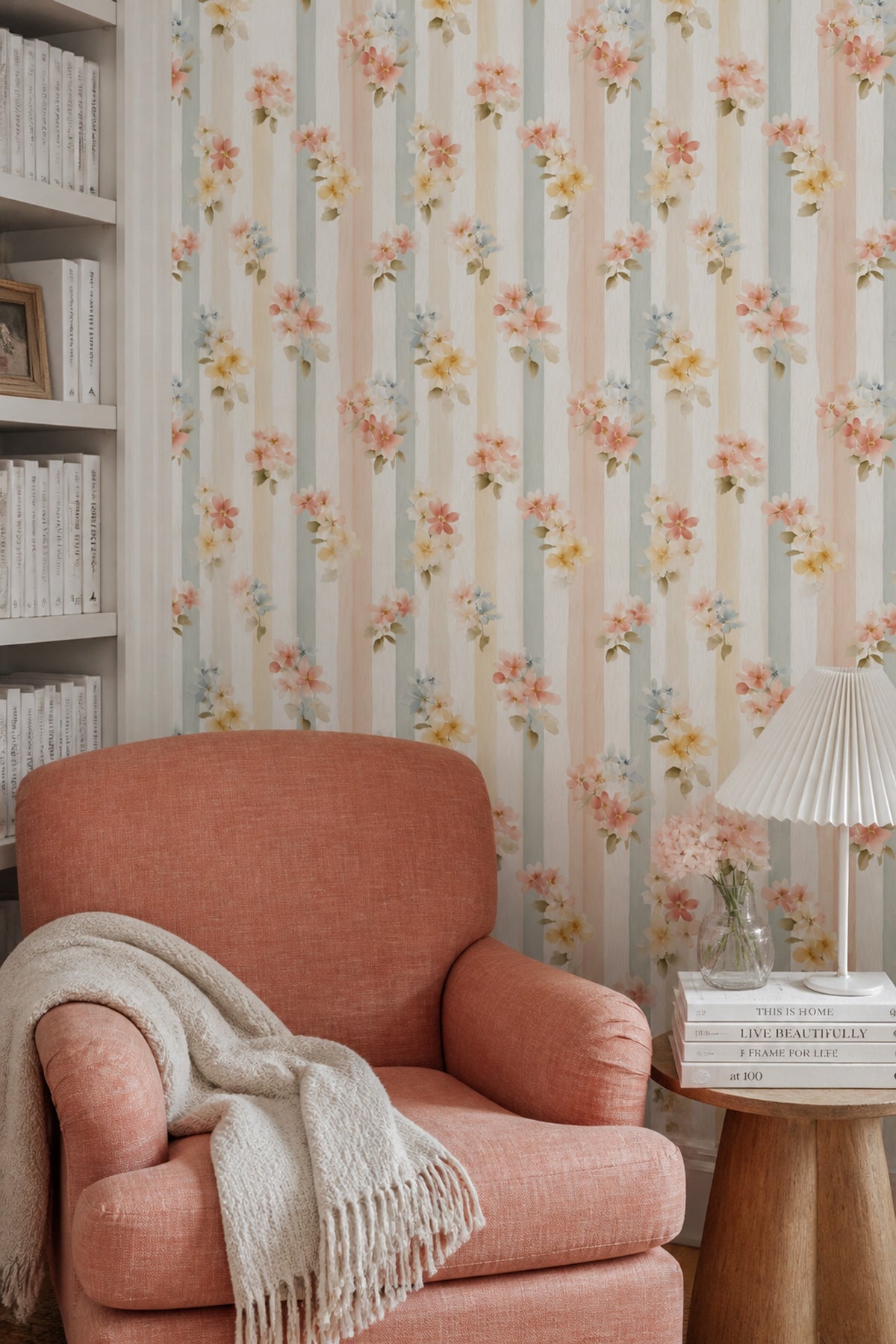 Pastel Çiçekli Duvar Kağıdı Dikey Çizgili Bebek Odası