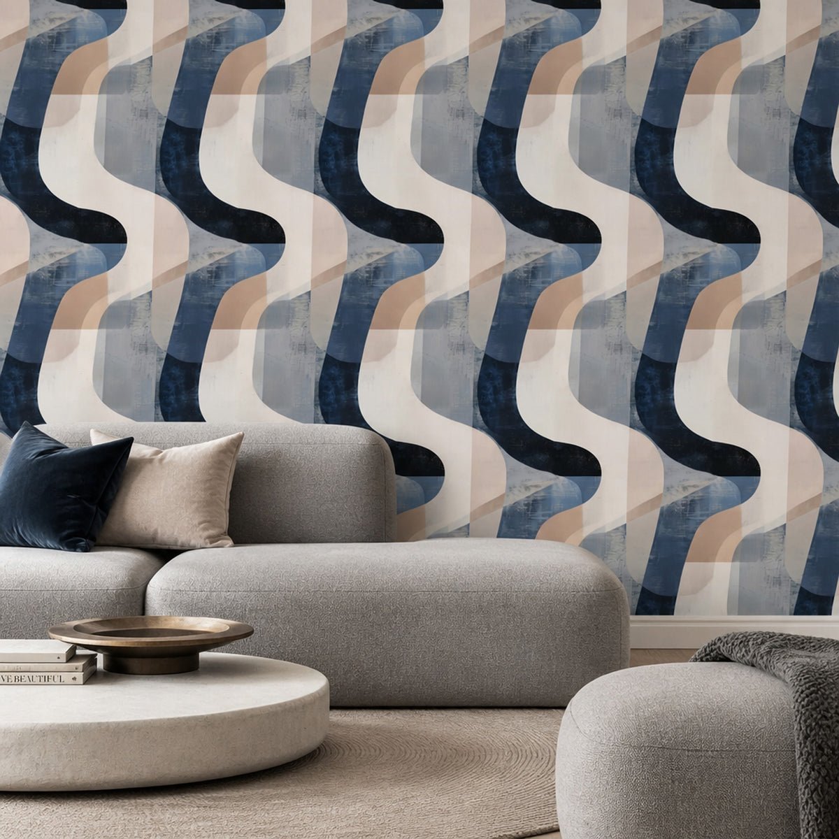 Dalgalı Geometrik Duvar Kağıdı Lacivert Bej Modern Çalışma Odası