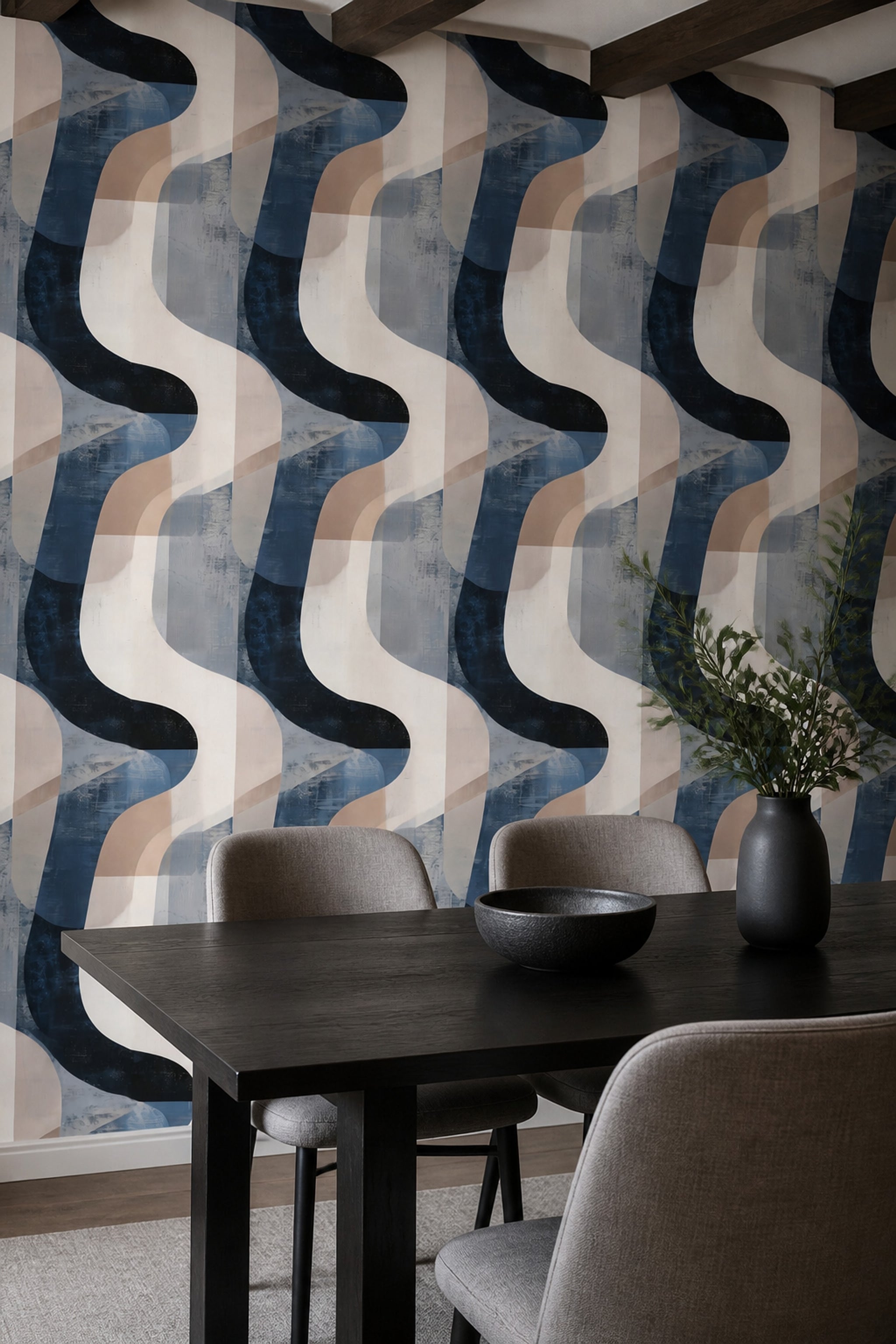 Dalgalı Geometrik Duvar Kağıdı Lacivert Bej Modern Çalışma Odası
