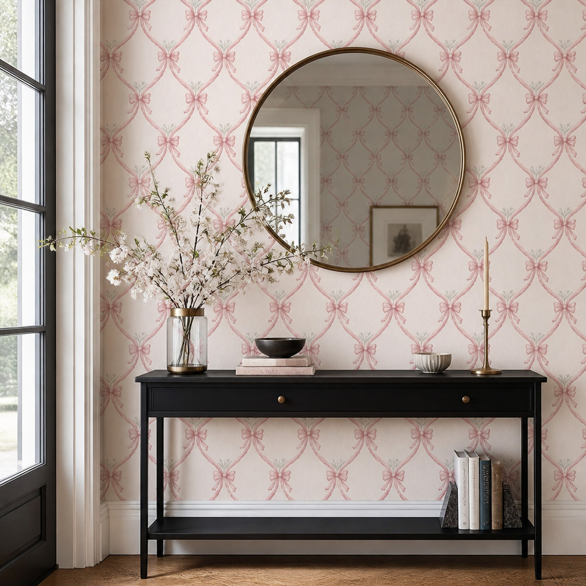 Pembe Kurdele Desenli Duvar Kağıdı Klasik Banyo Duvar Dekoru