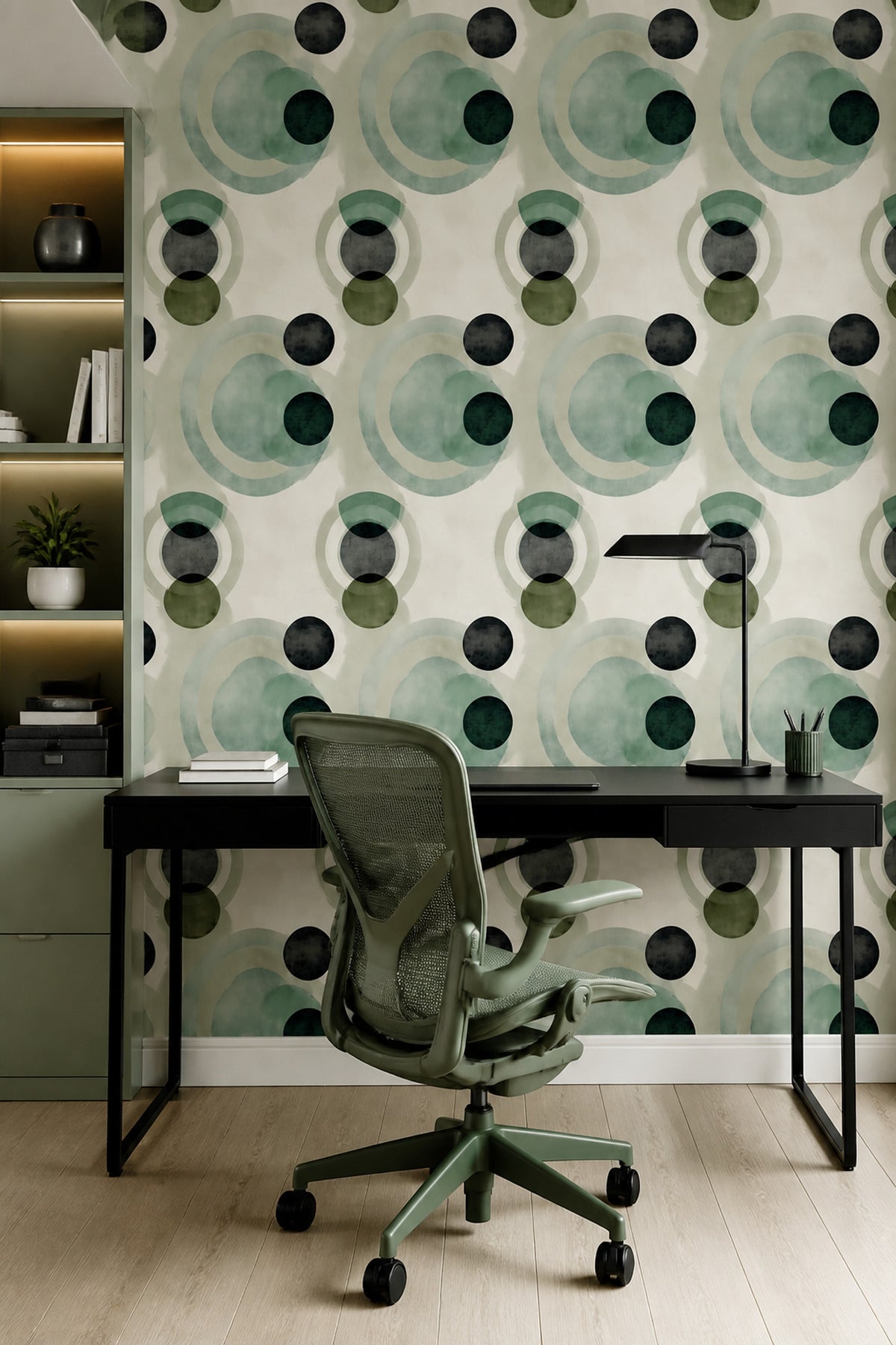 Geometrik Halkalı Duvar Kağıdı Yeşil Modern Salon Deseni
