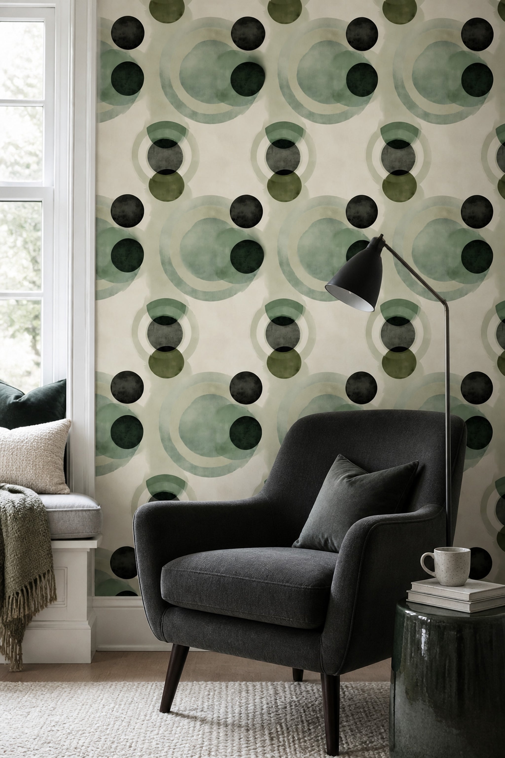 Geometrik Halkalı Duvar Kağıdı Yeşil Modern Salon Deseni