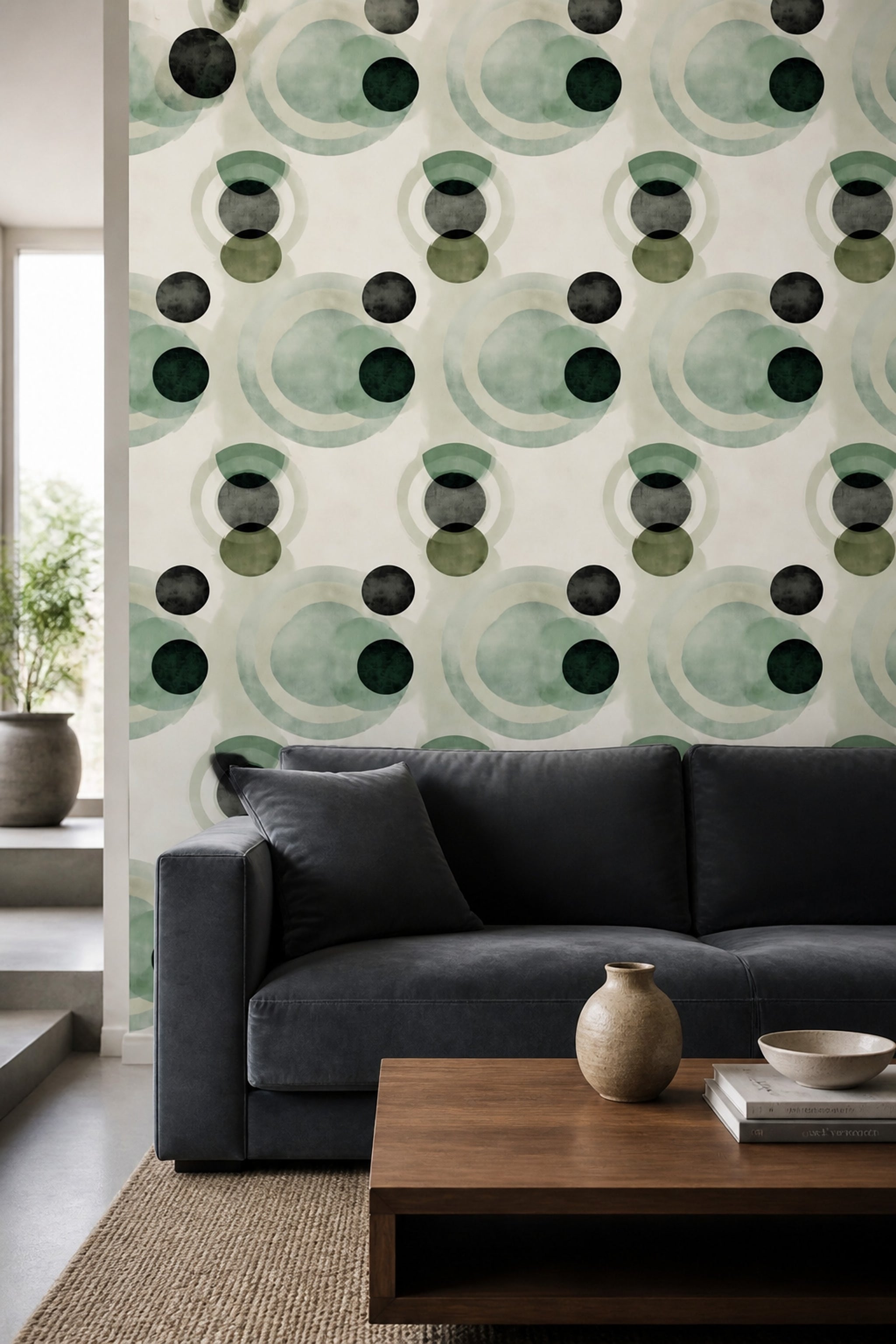 Geometrik Halkalı Duvar Kağıdı Yeşil Modern Salon Deseni