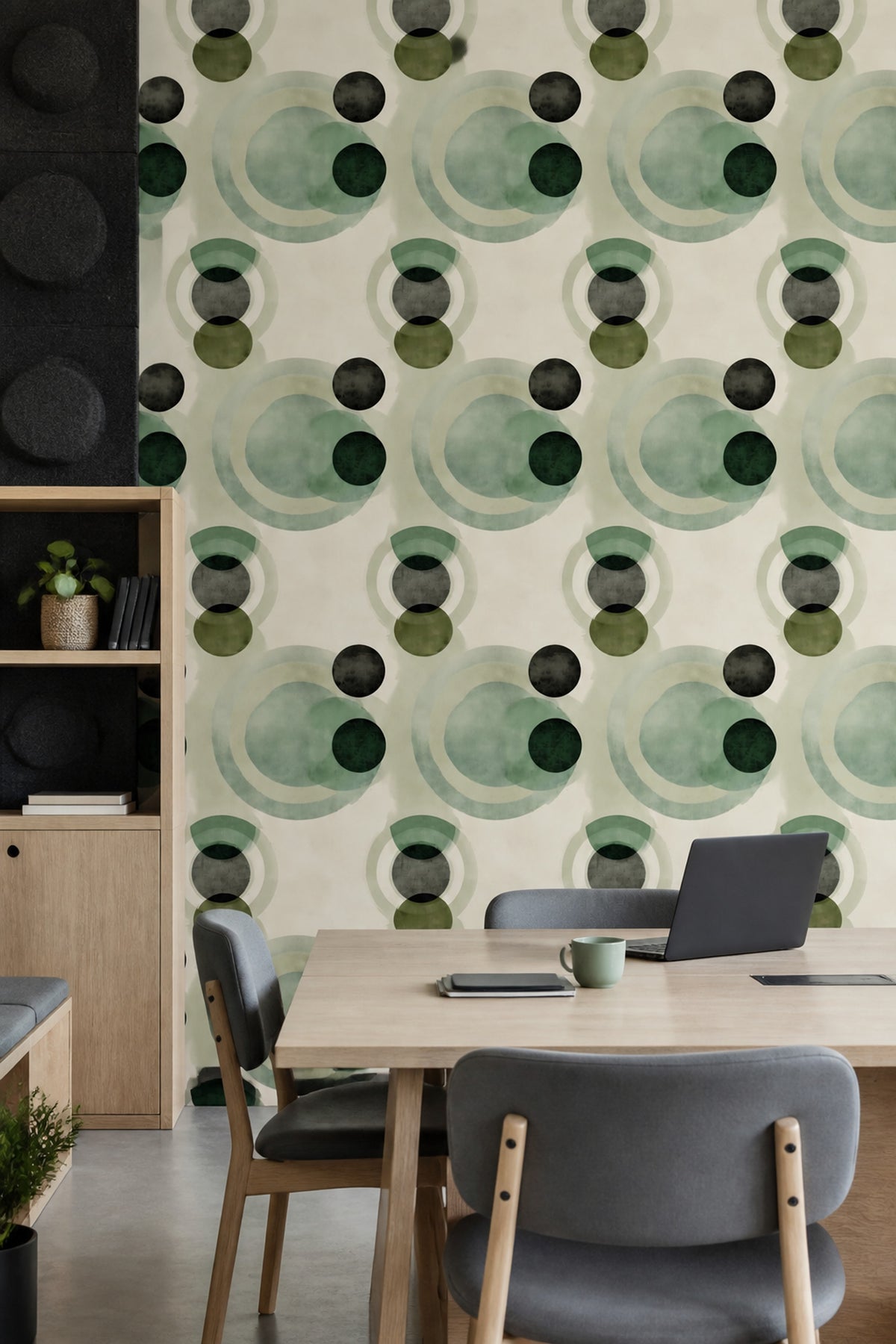 Geometrik Halkalı Duvar Kağıdı Yeşil Modern Salon Deseni