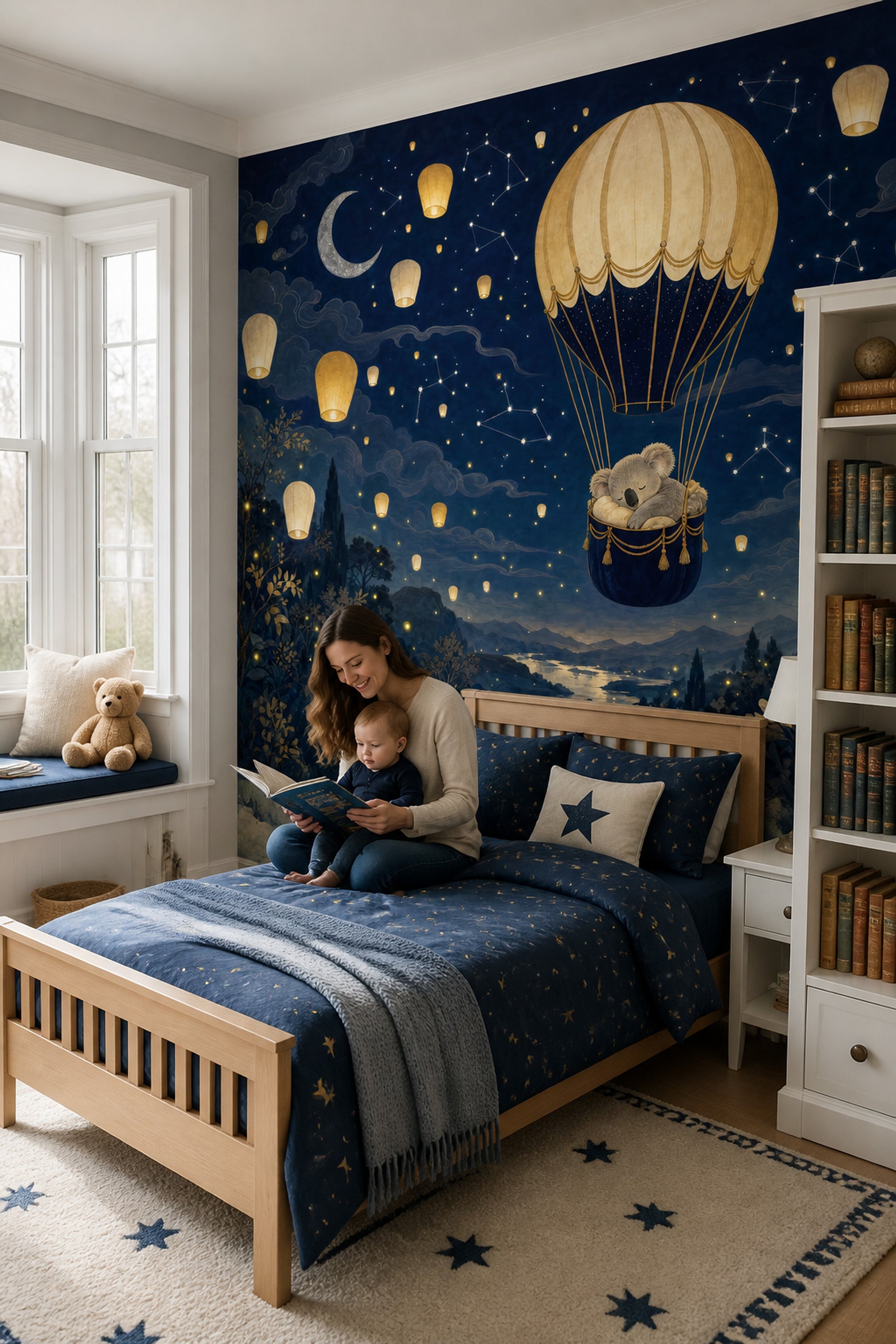 Gece Gökyüzü Balonlu Poster Duvar Kağıdı Lacivert Çocuk Odası