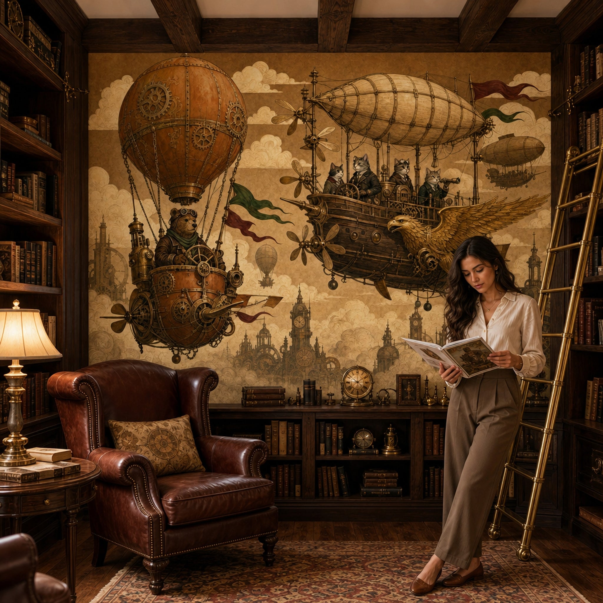 Steampunk Hava Gemili Poster Duvar Kağıdı Sepya Tonlu Salon