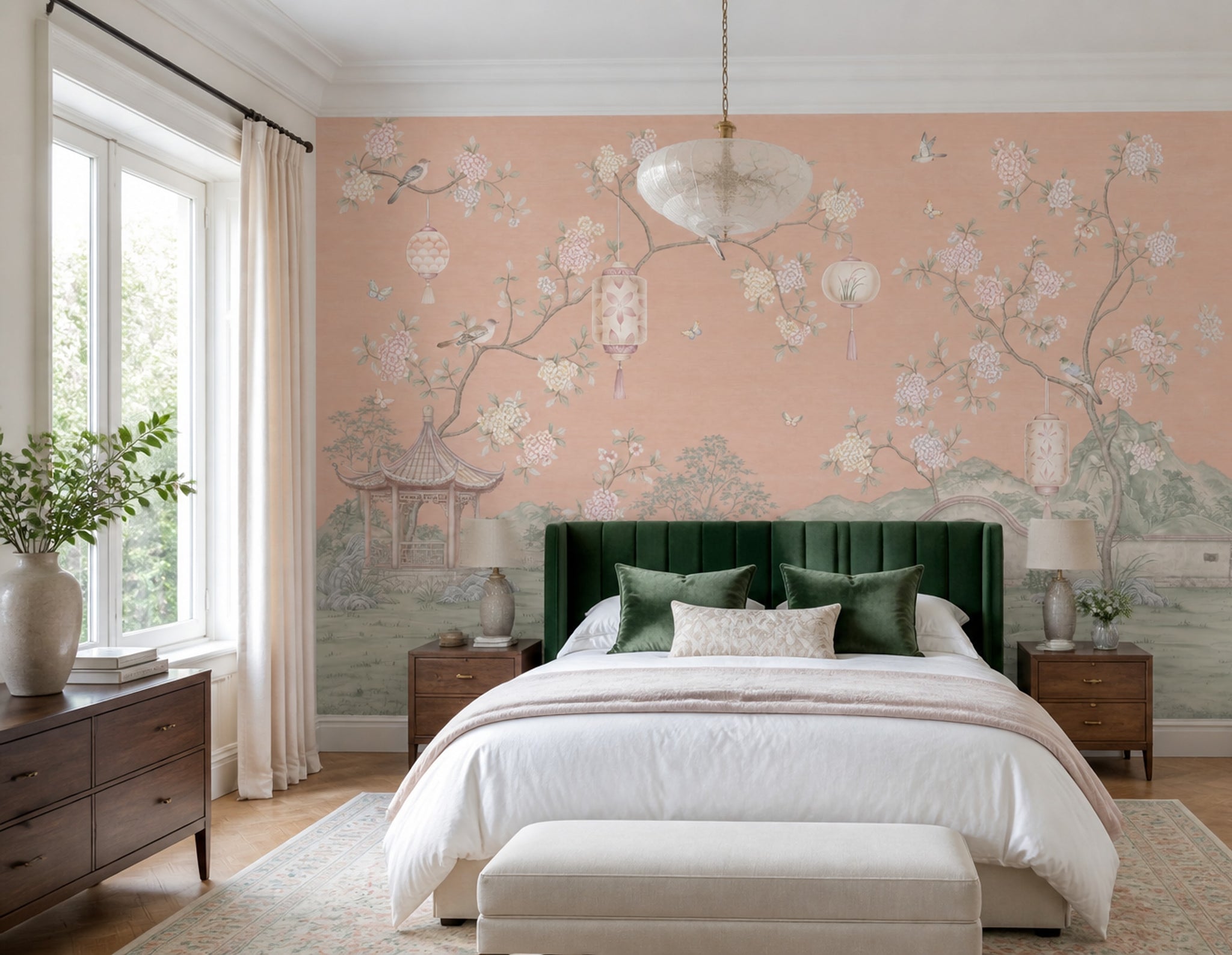 Çiçekli Chinoiserie Poster Duvar Kağıdı Pudra Pembe Salon