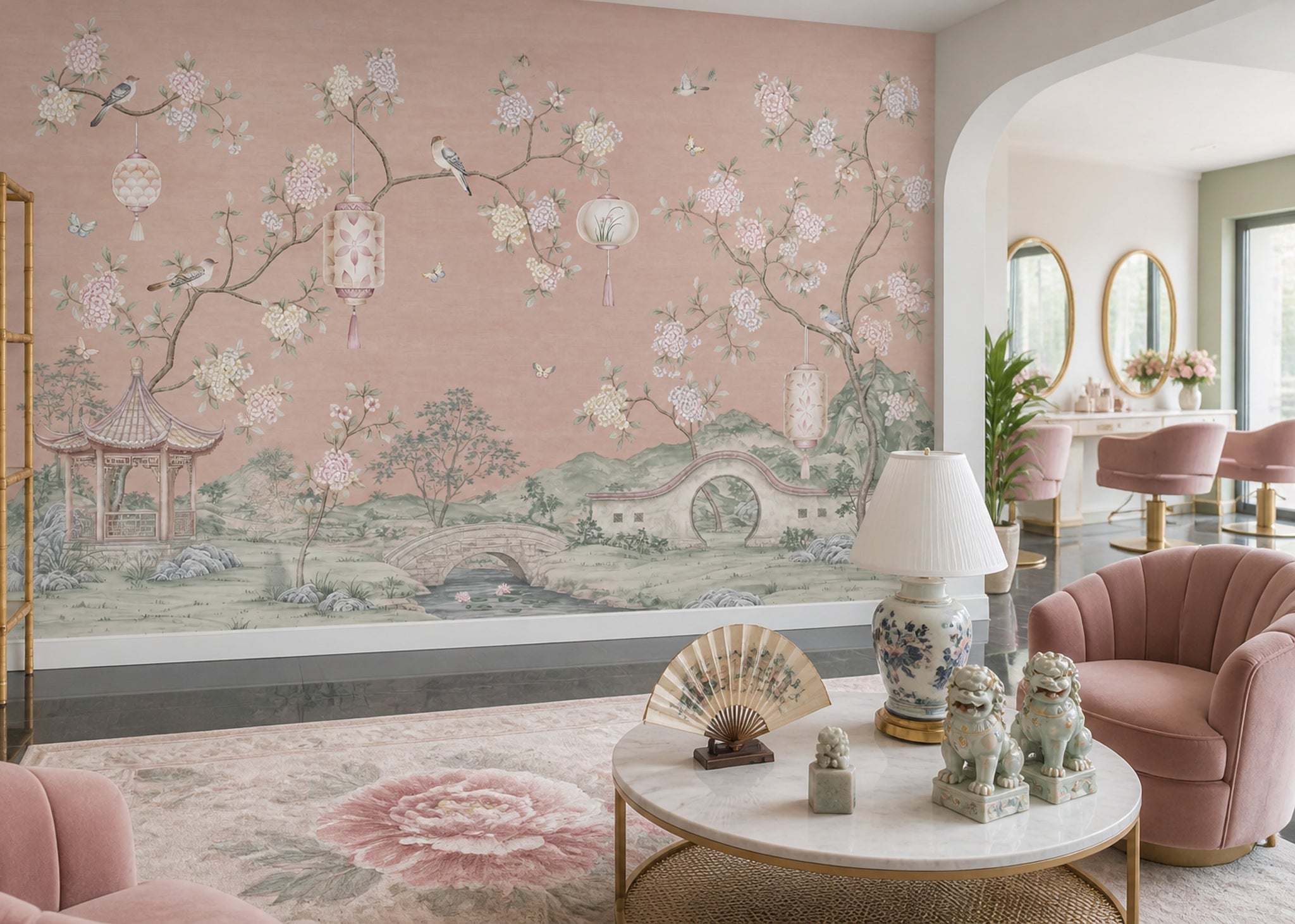 Çiçekli Chinoiserie Poster Duvar Kağıdı Pudra Pembe Salon
