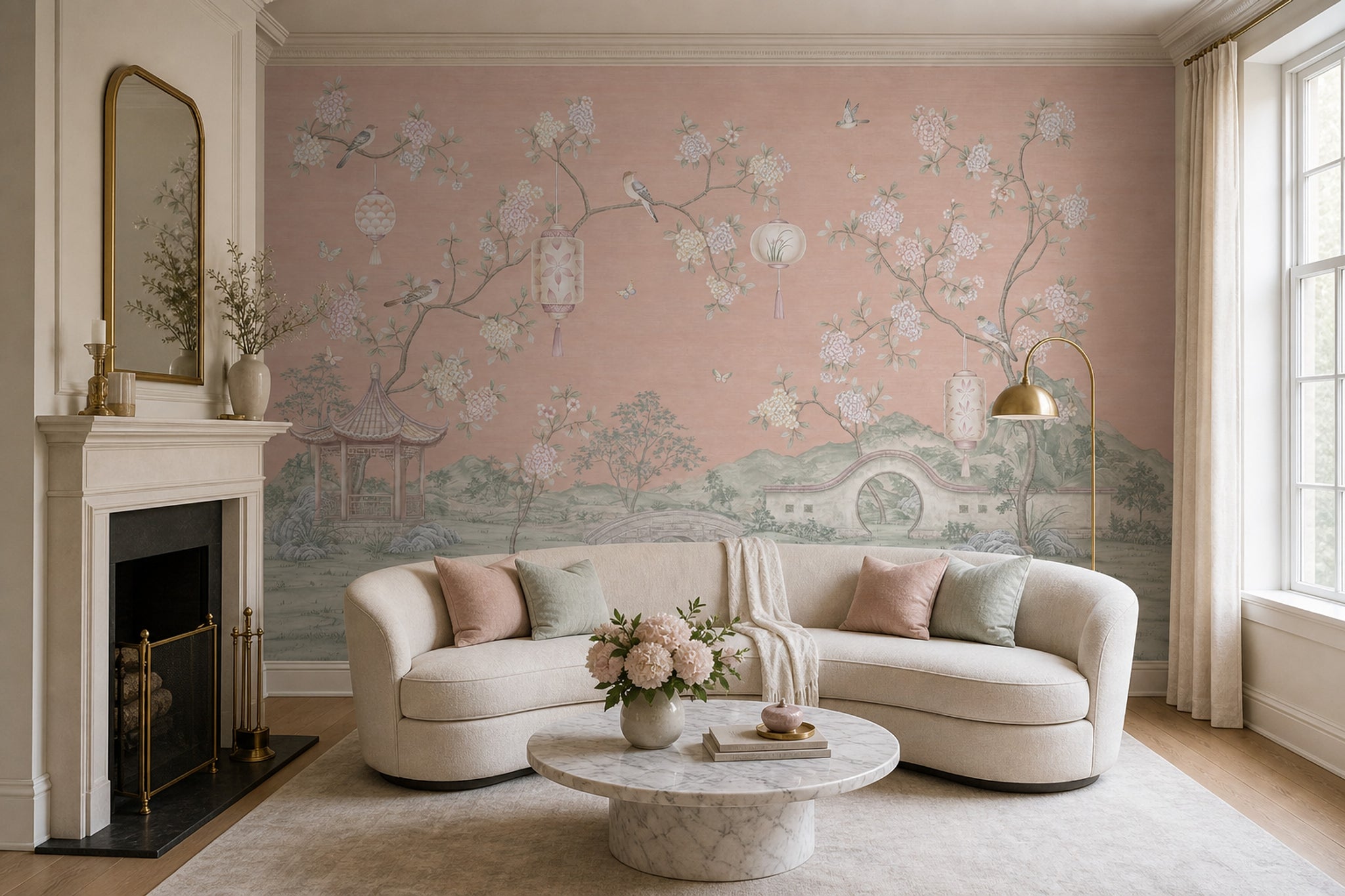 Çiçekli Chinoiserie Poster Duvar Kağıdı Pudra Pembe Salon