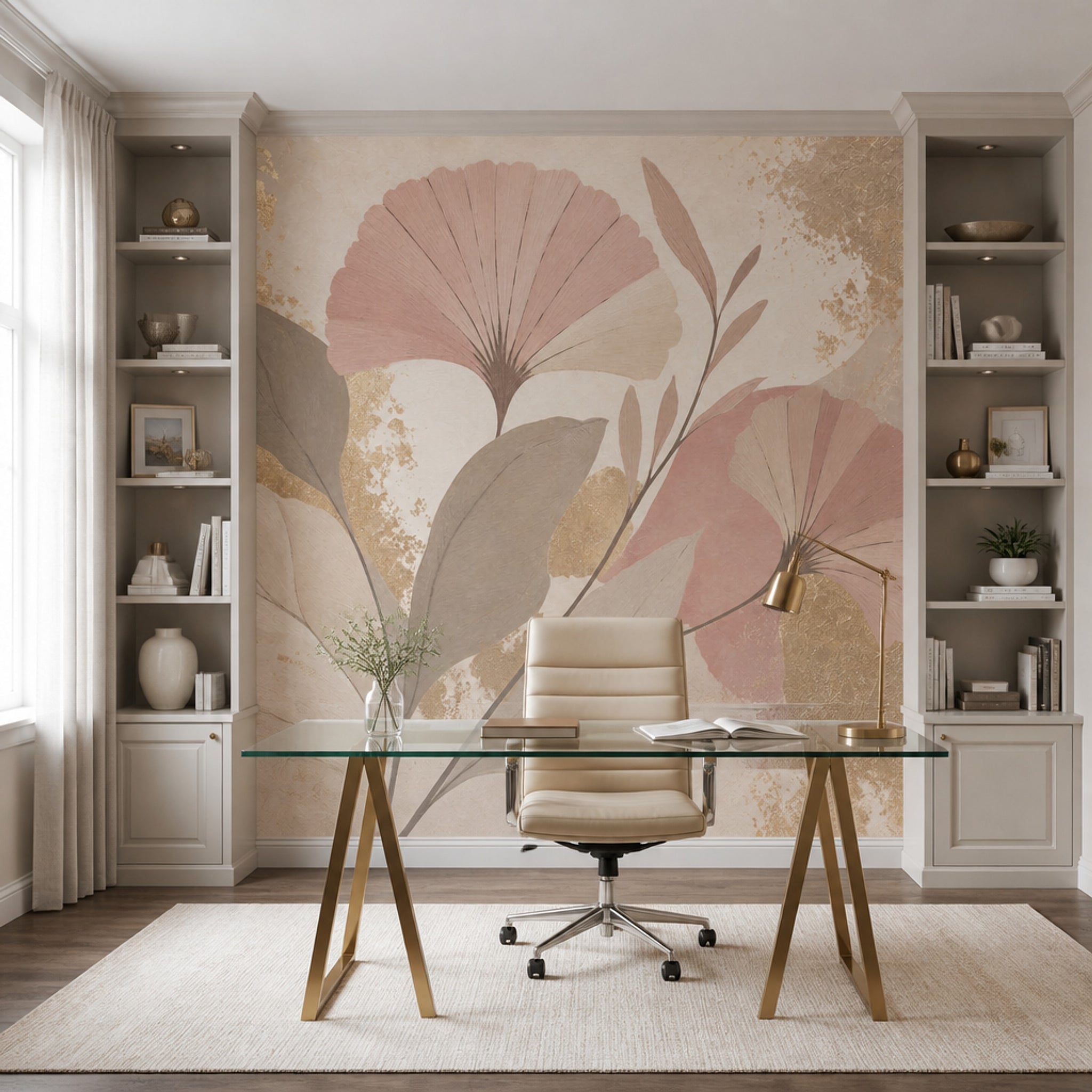 Pastel Ginkgo Yapraklı Poster Duvar Kağıdı Bej Pudra Salon