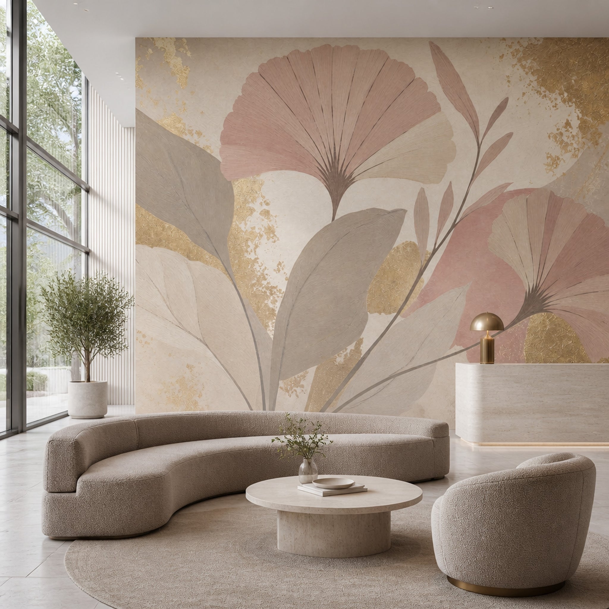 Pastel Ginkgo Yapraklı Poster Duvar Kağıdı Bej Pudra Salon