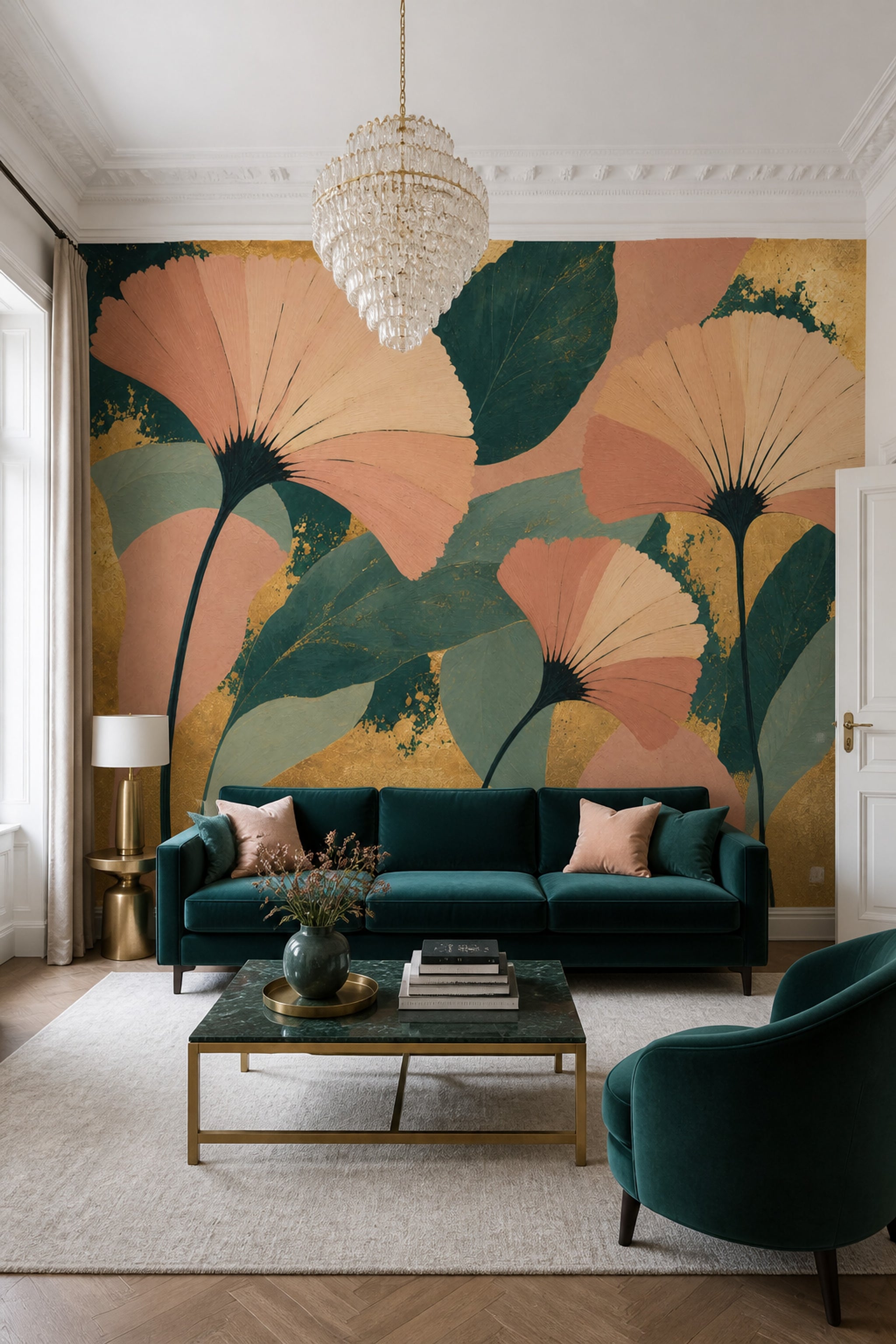 Ginkgo Yapraklı Poster Duvar Kağıdı Yeşil Pudra Tonlu Salon