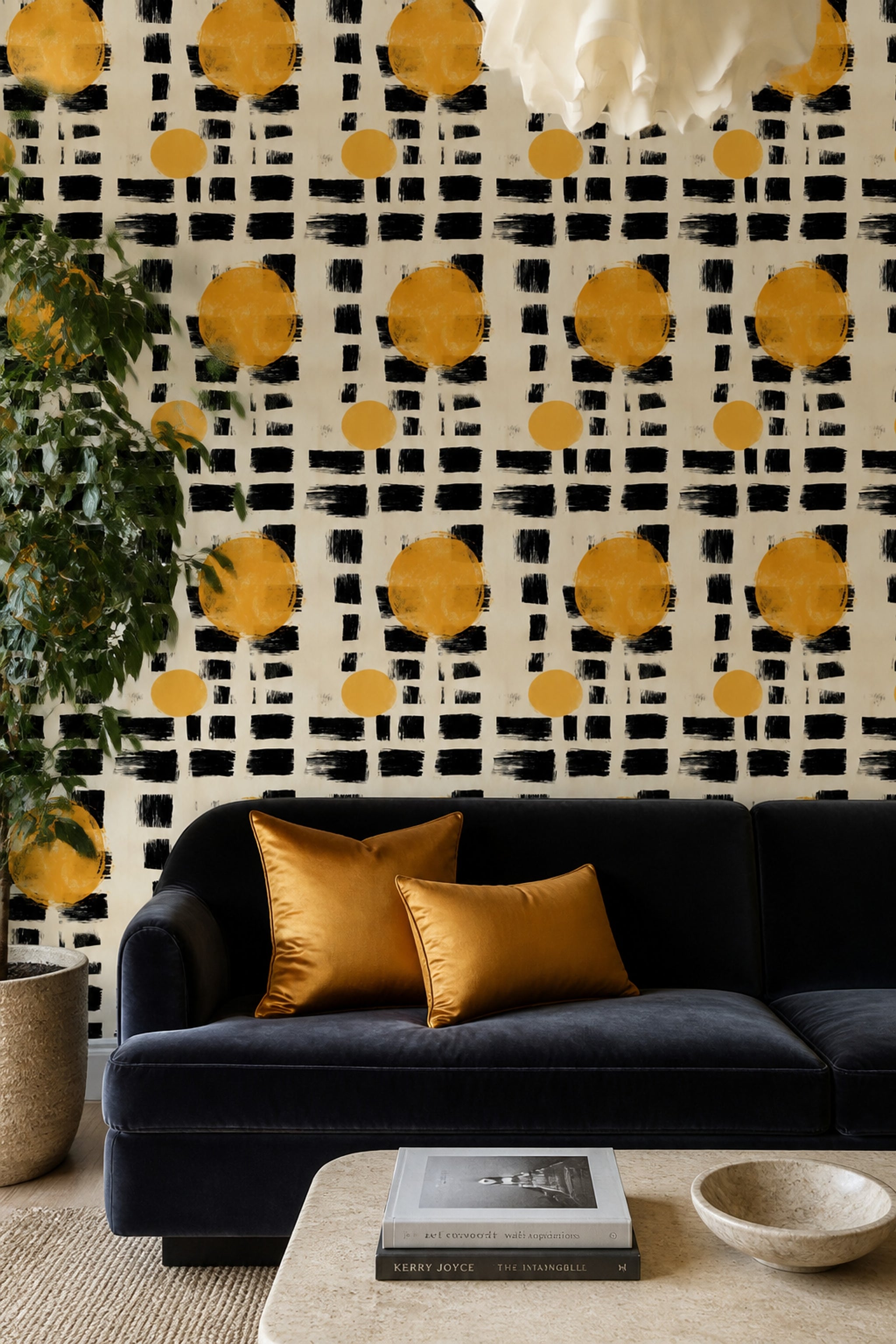 Geometrik Duvar Kağıdı Sarı Daireli Siyah Fırça Desenli