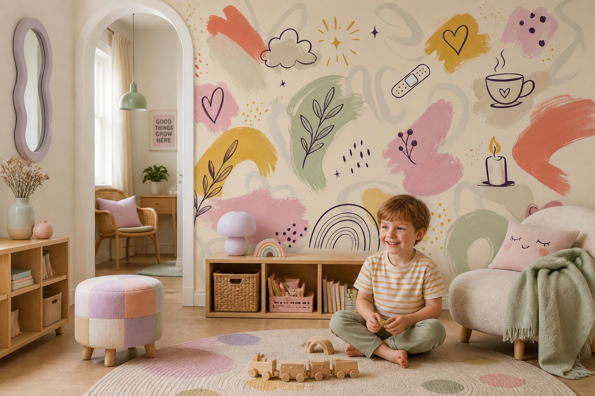 Pastel Çizimli Poster Duvar Kağıdı Kalp Bulut Çocuk Odası
