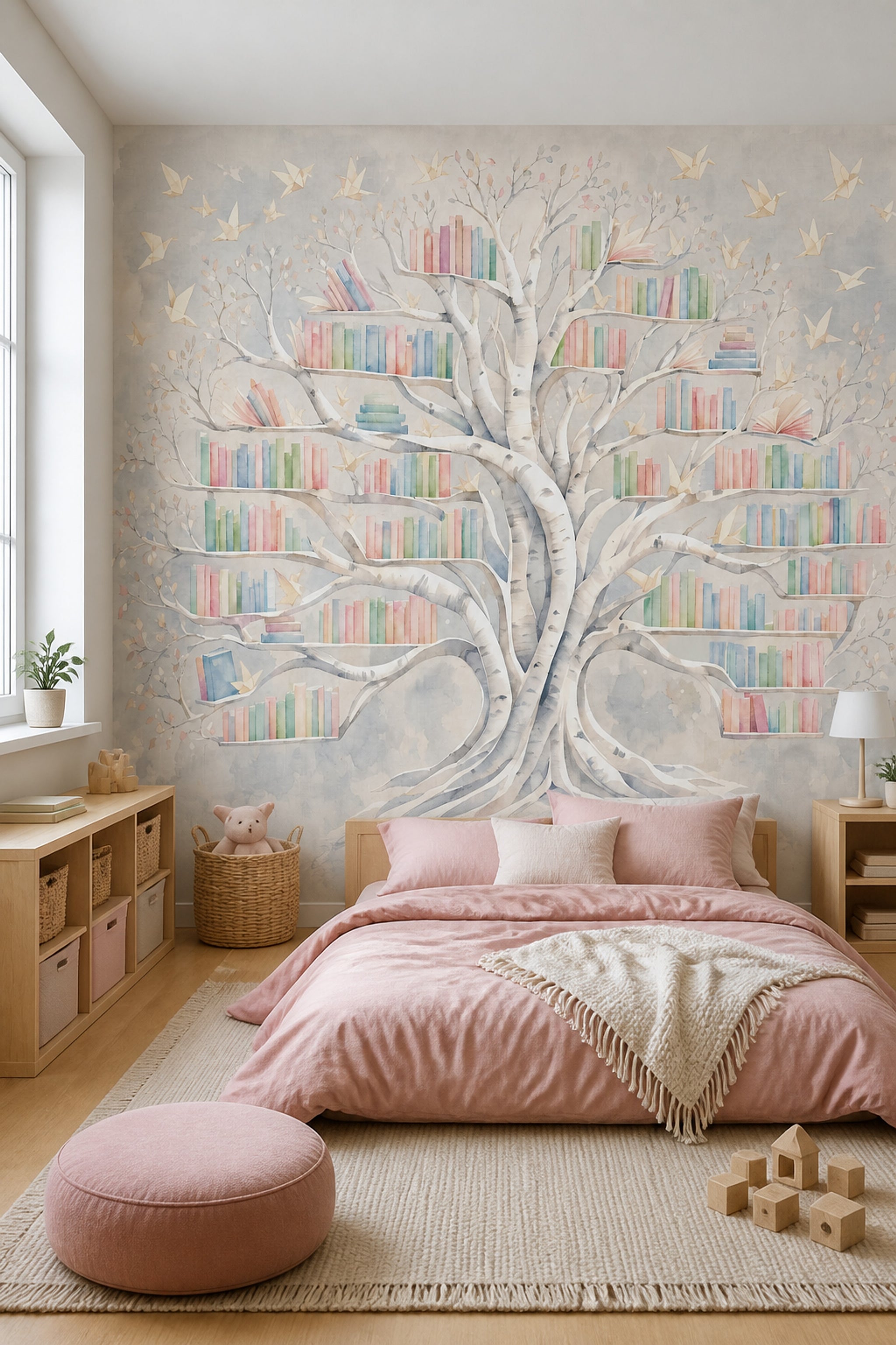 Kitaplık Ağaç Desenli Poster Duvar Kağıdı Pastel Çocuk Odası
