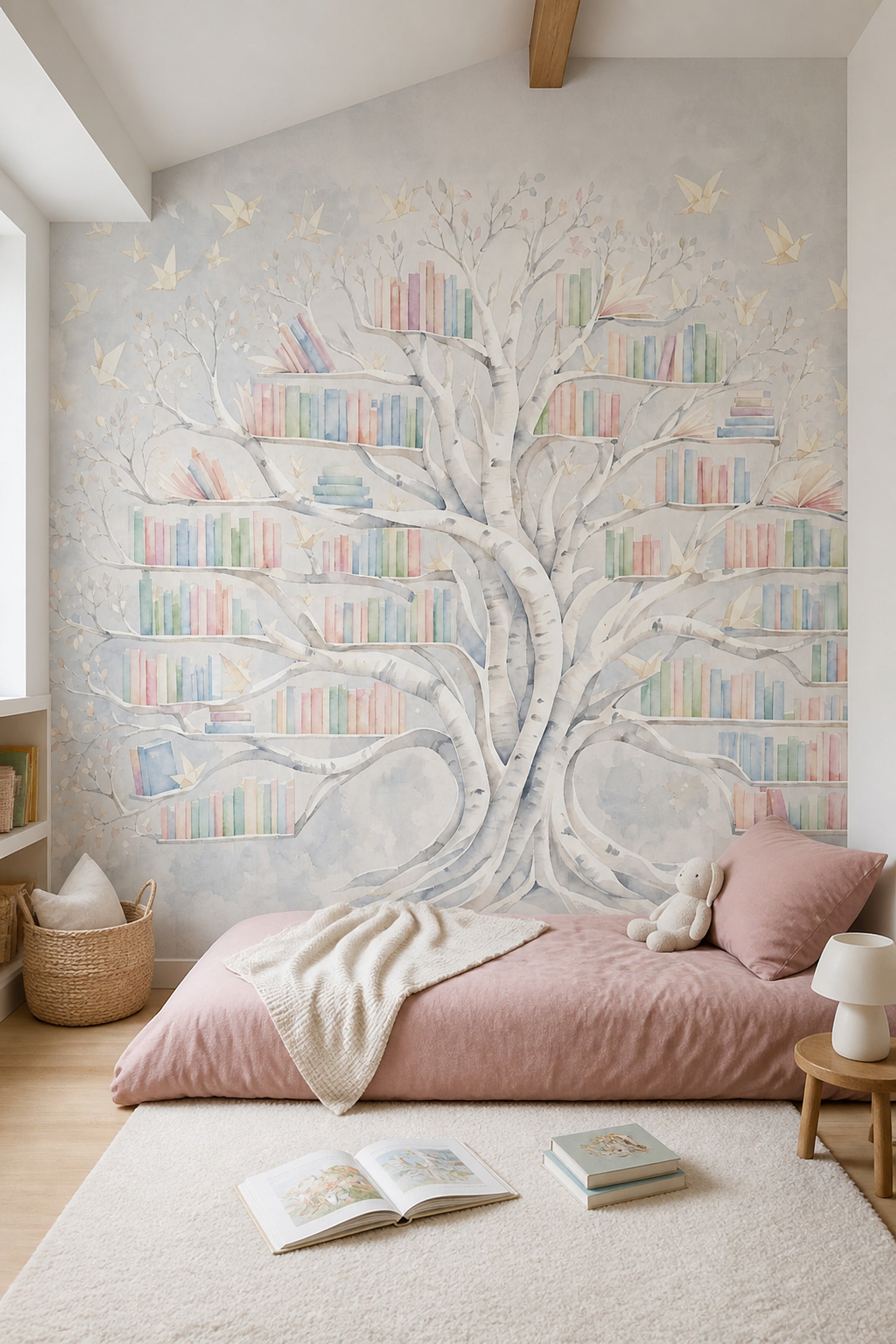 Kitaplık Ağaç Desenli Poster Duvar Kağıdı Pastel Çocuk Odası