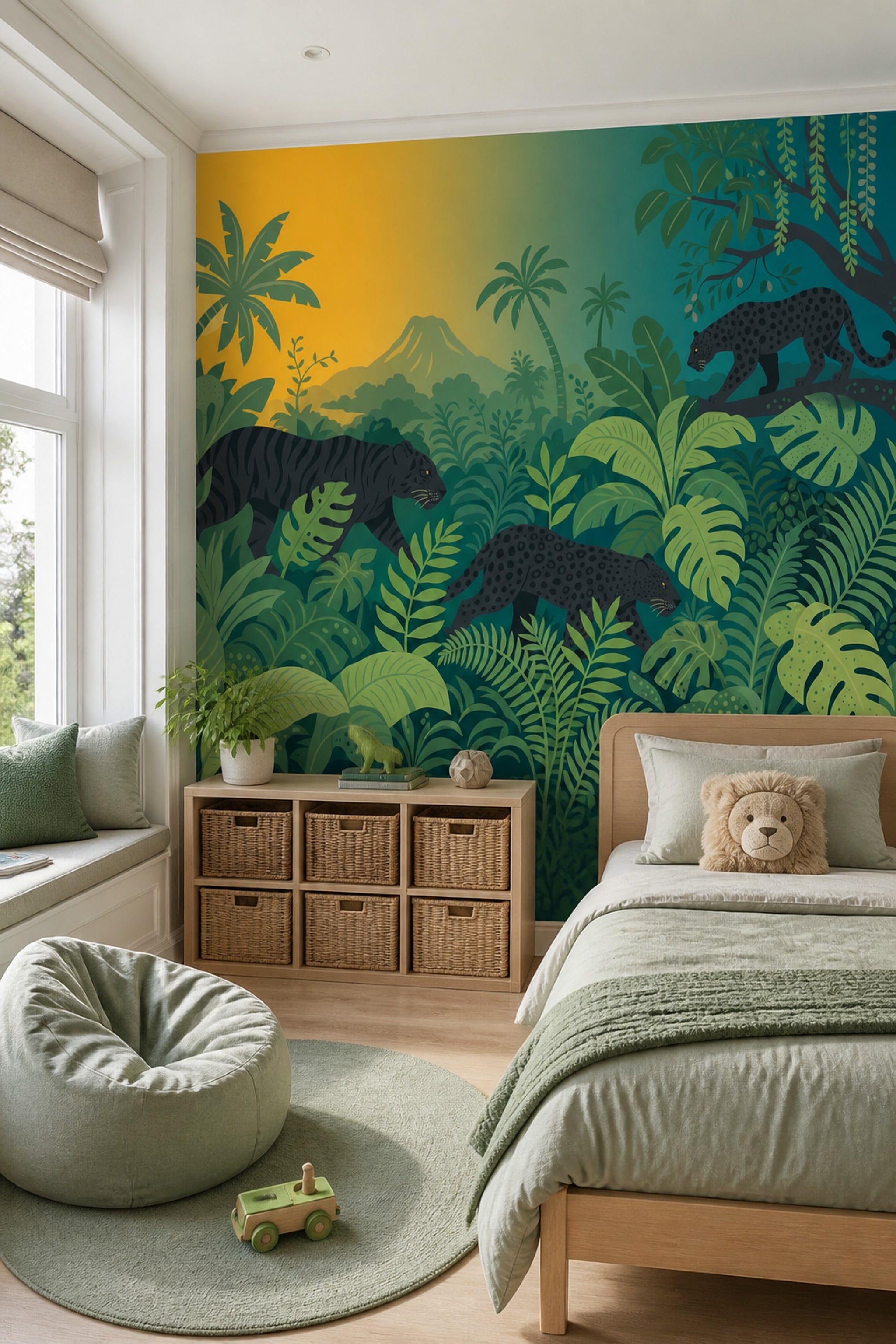 Jungle Leoparlı Poster Duvar Kağıdı Yeşil Çocuk Odası