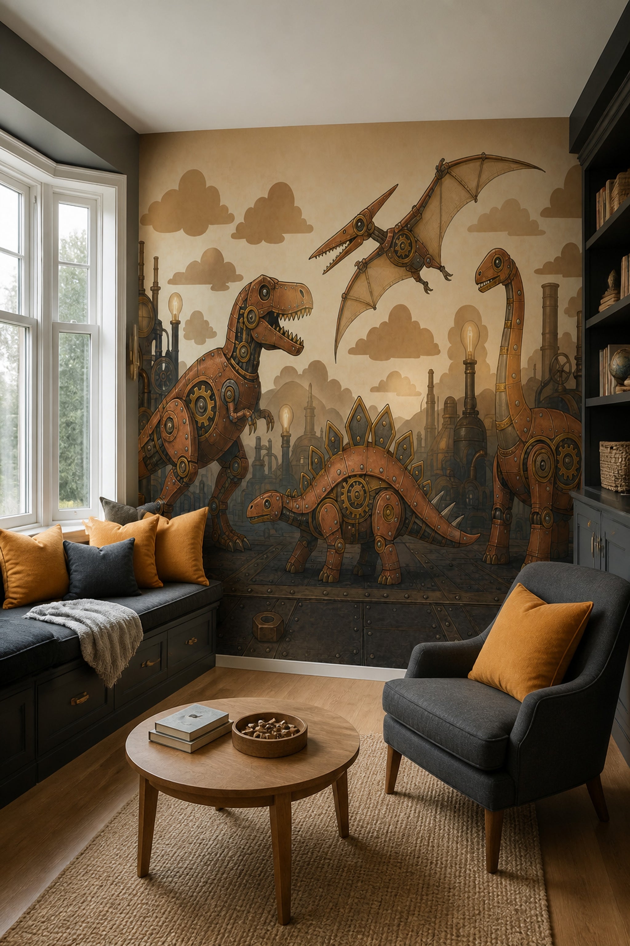 Steampunk Dinozor Poster Duvar Kağıdı Bakır Ton Çocuk Odası