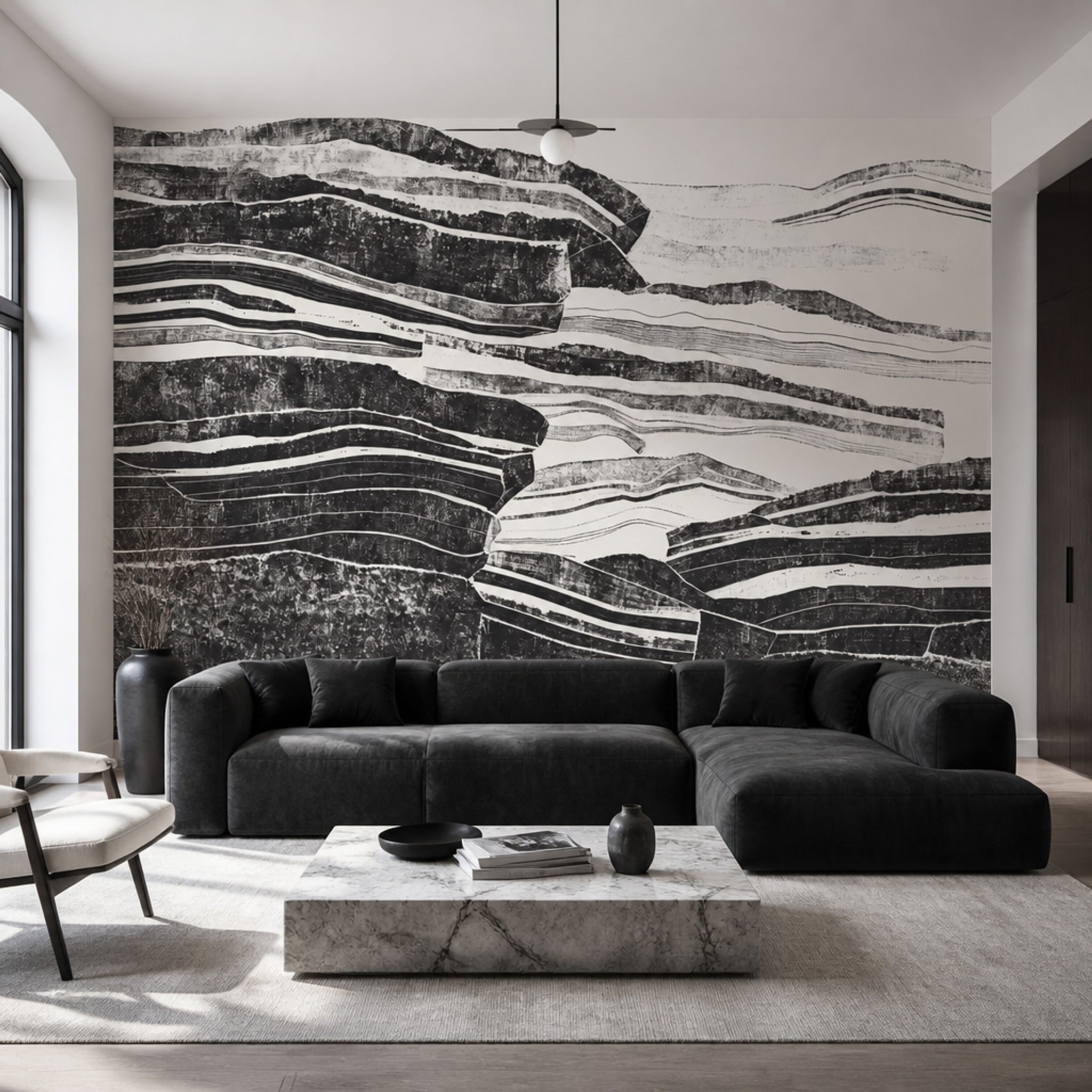 Siyah Beyaz Katmanlı Soyut Poster Duvar Kağıdı Modern Salon