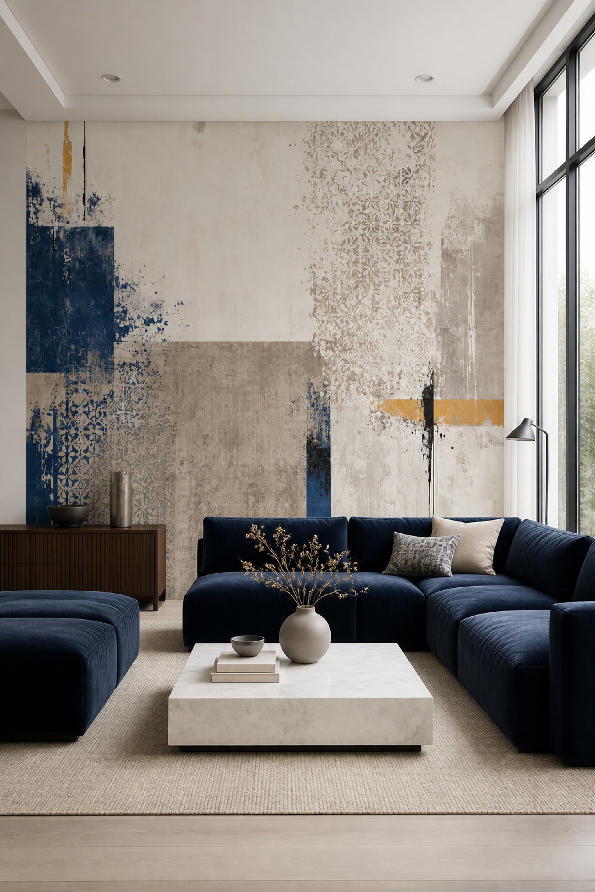 Soyut Geometrik Poster Duvar Kağıdı Lacivert Bej Salon