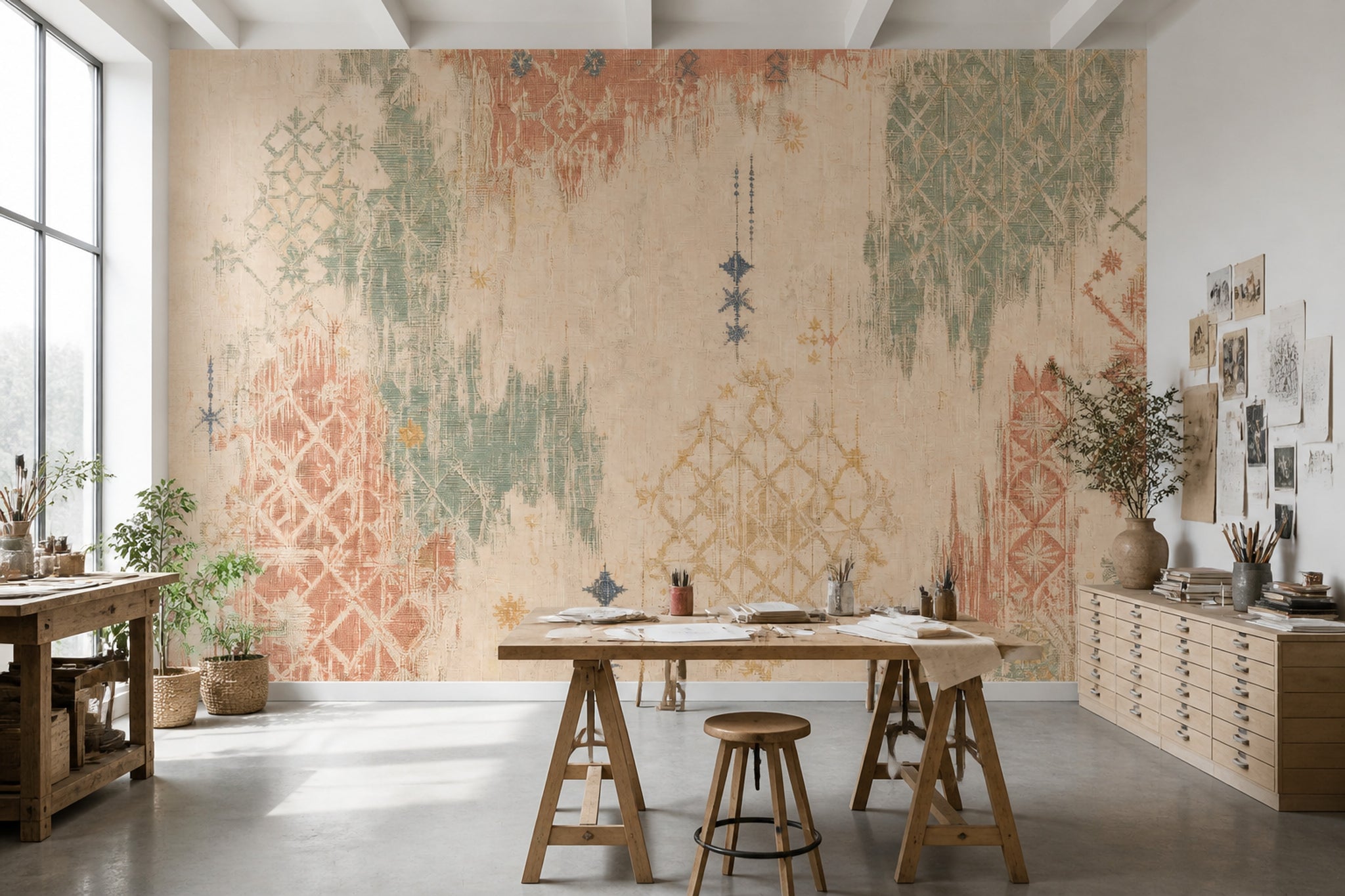 Etnik Kilim Desenli Poster Duvar Kağıdı Bej Yeşil Salon