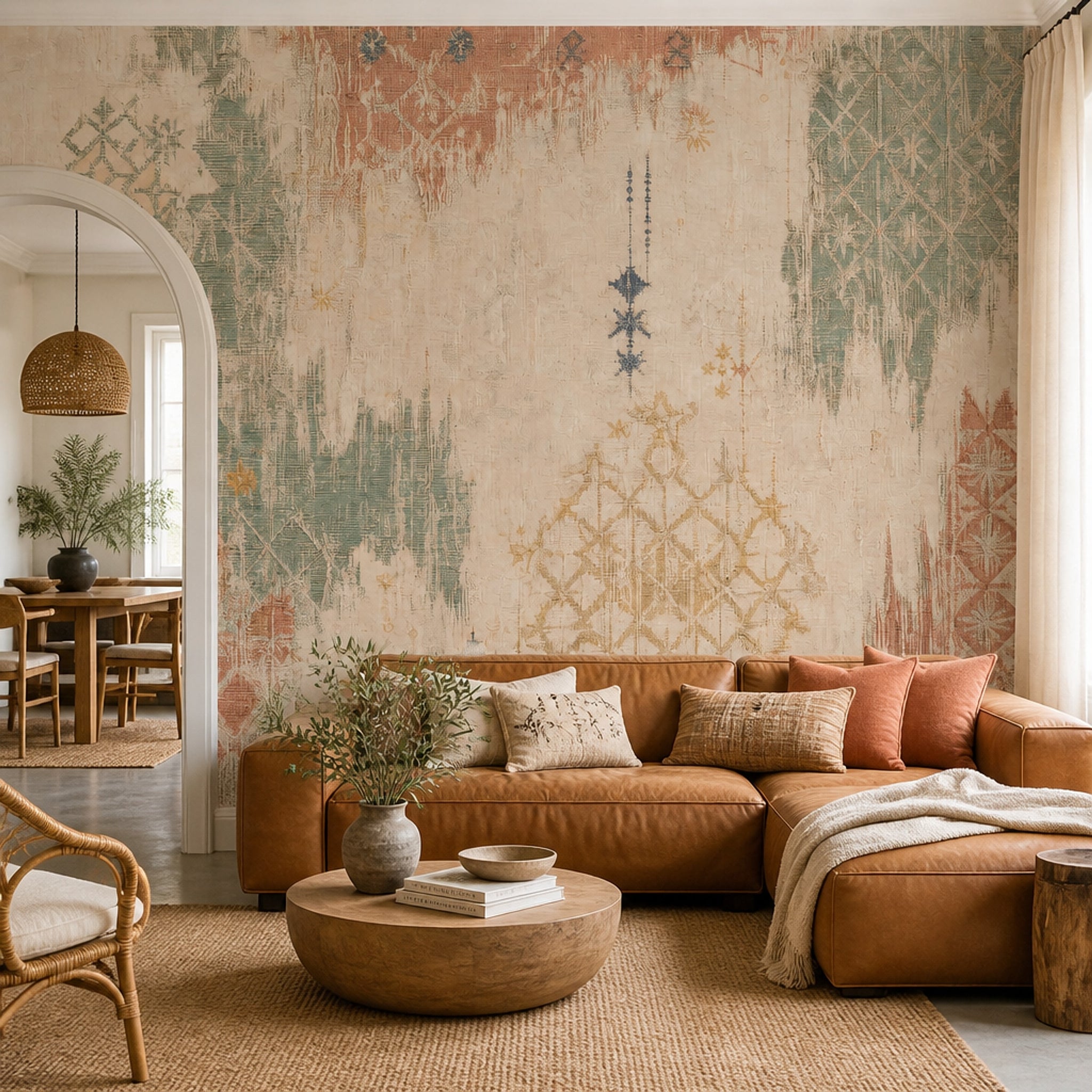 Etnik Kilim Desenli Poster Duvar Kağıdı Bej Yeşil Salon