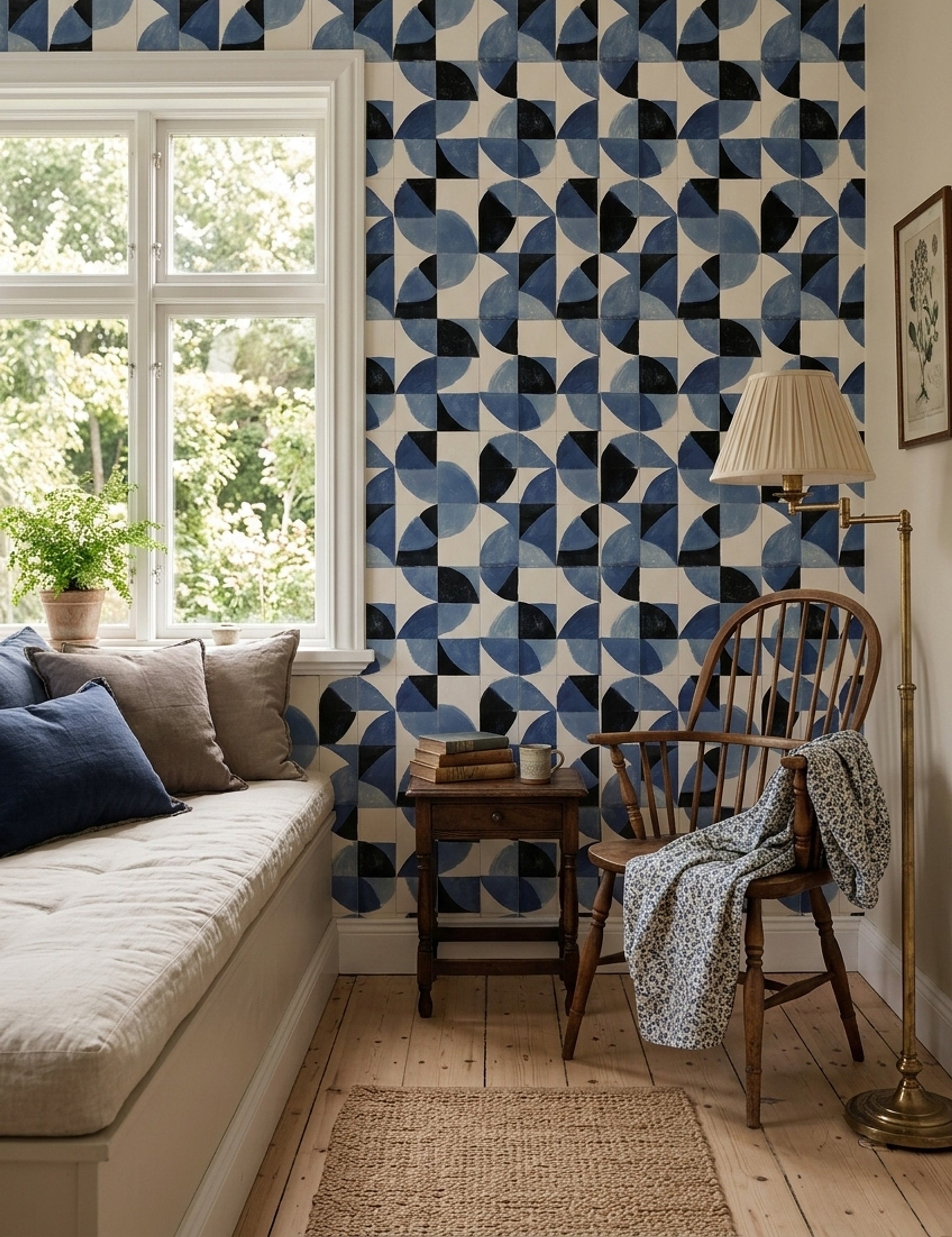Geometrik Desenli Duvar Kağıdı Mavi Siyah Modern Salon