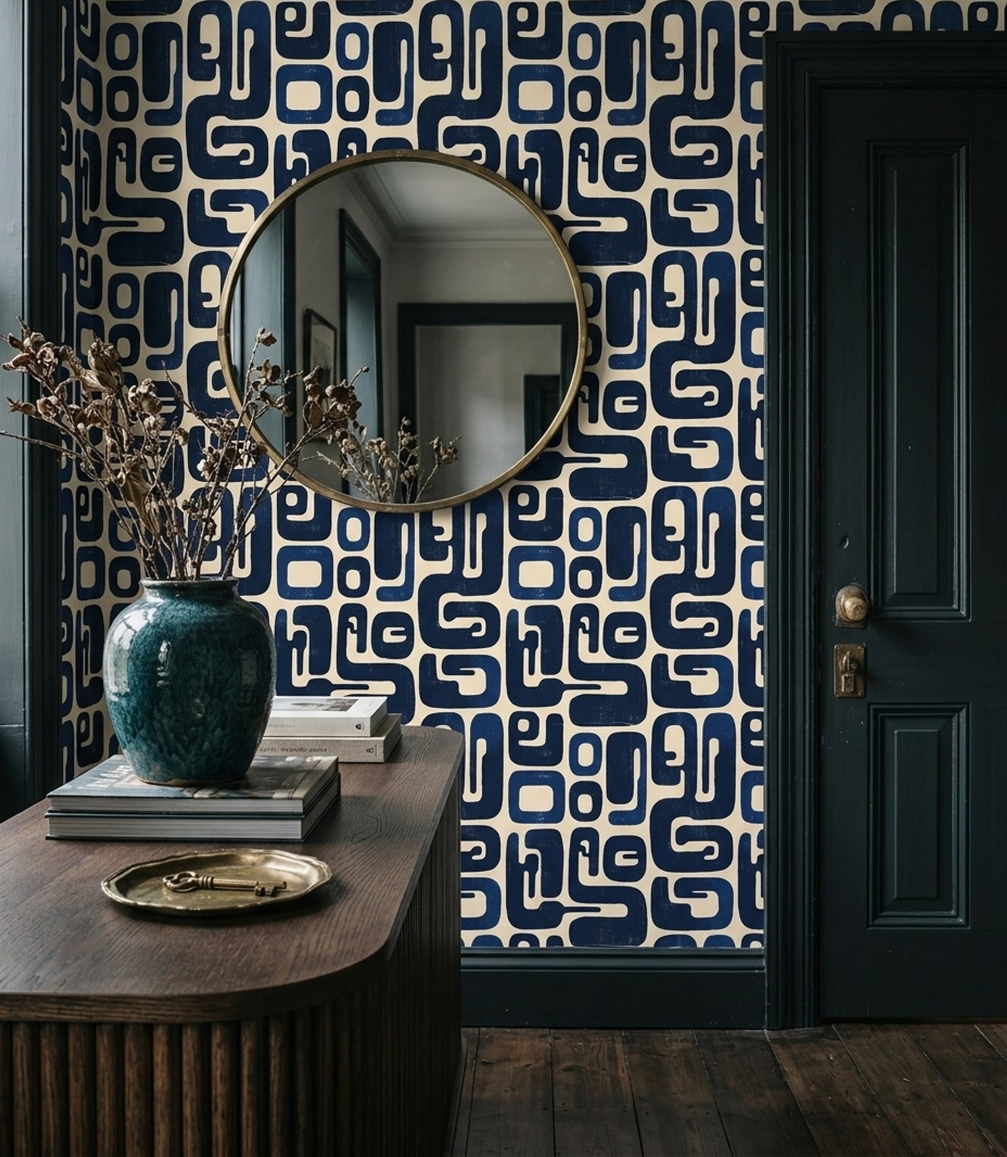 Retro Geometrik Duvar Kağıdı Lacivert Bej Desenli Banyo