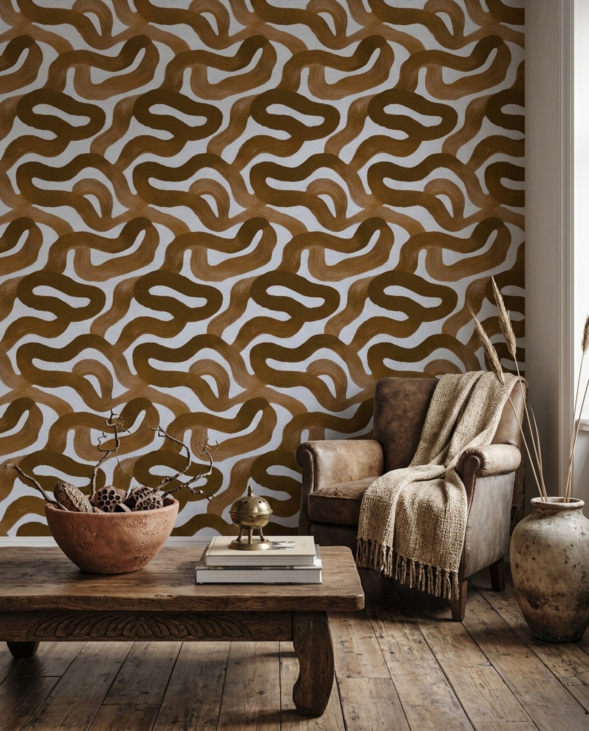 Soyut Dalgalı Desenli Duvar Kağıdı Kahverengi Modern Salon