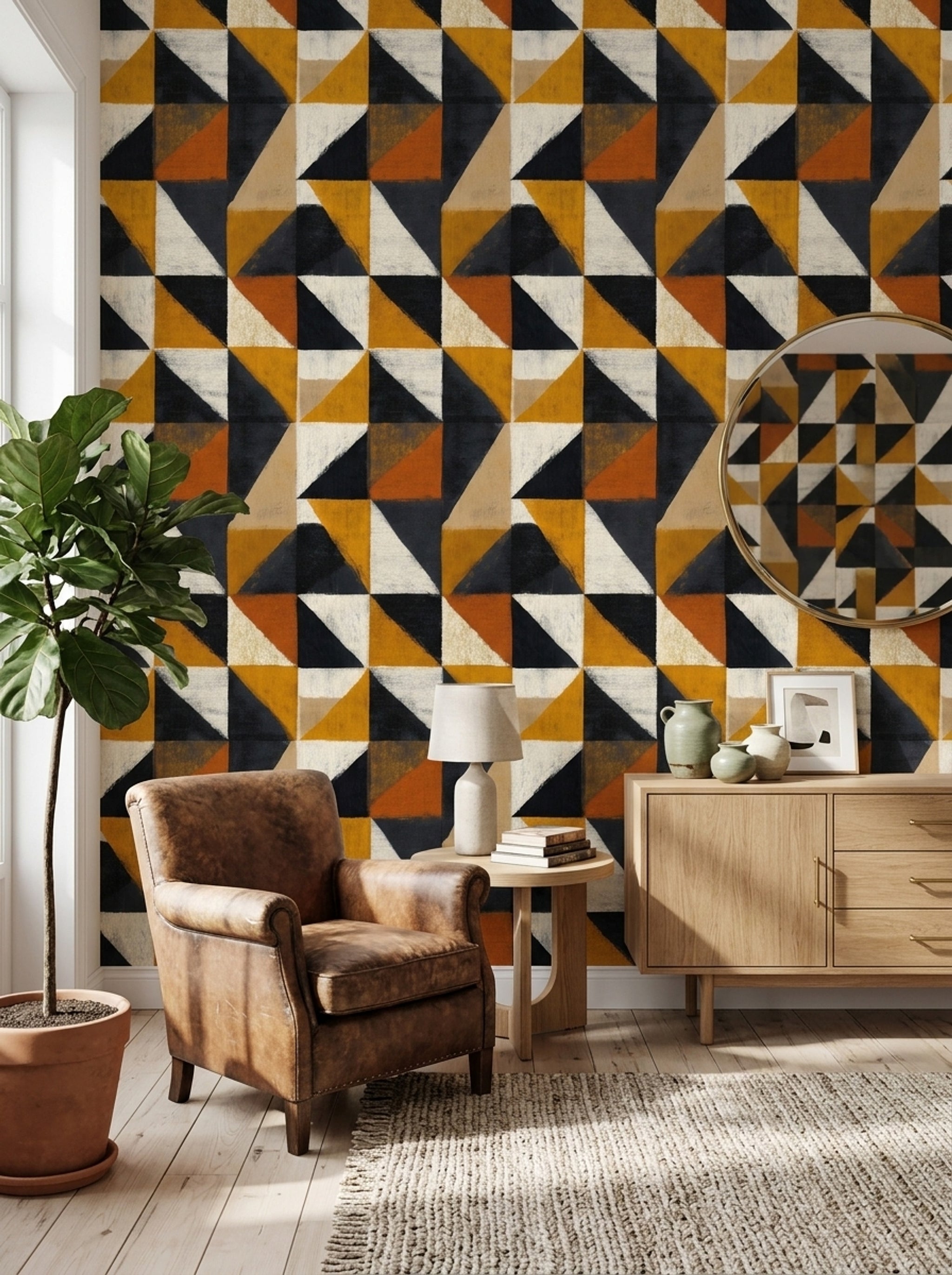 Geometrik Üçgen Desenli Duvar Kağıdı Hardal Siyah Modern