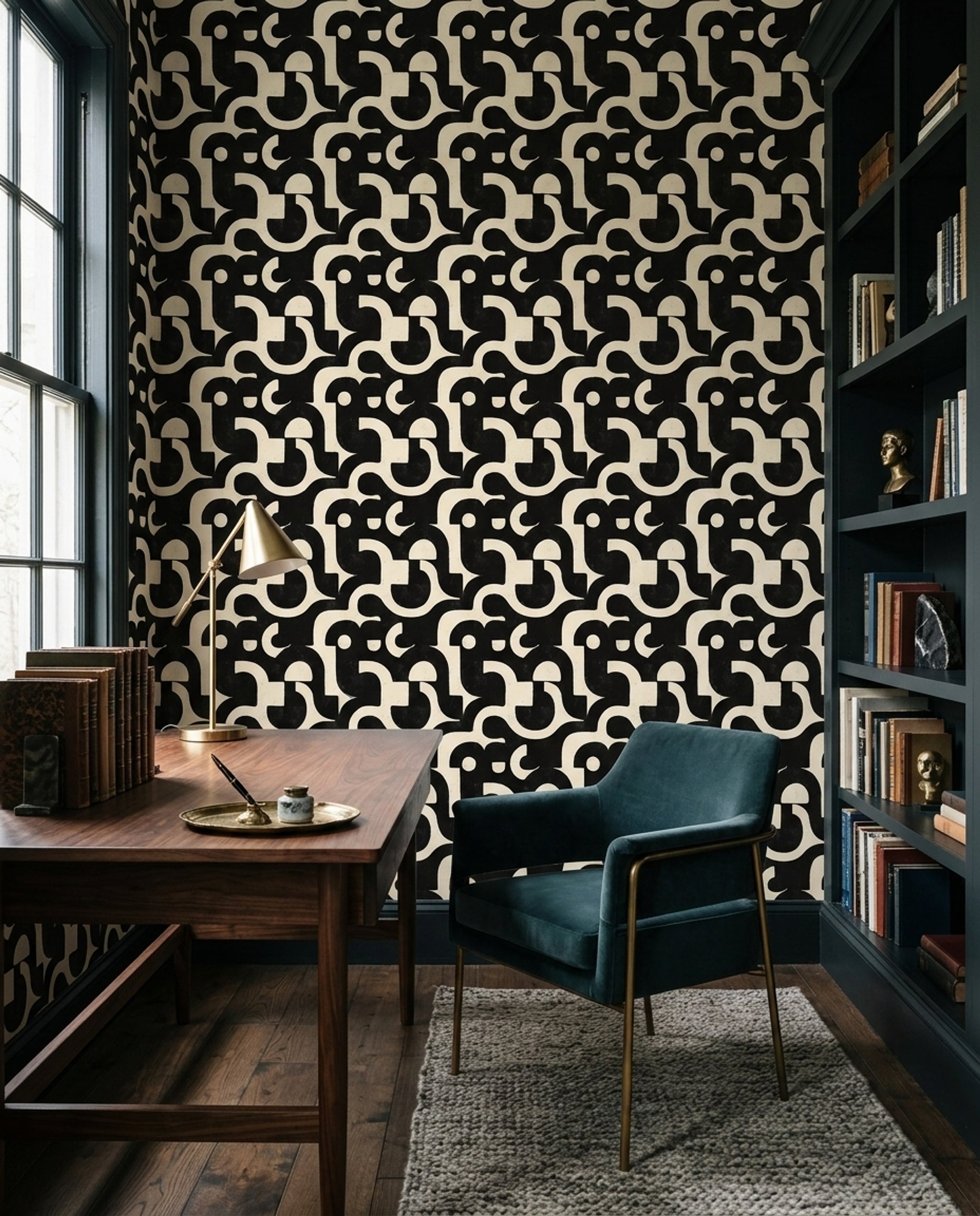 Siyah Beyaz Geometrik Desenli Duvar Kağıdı Modern Salon