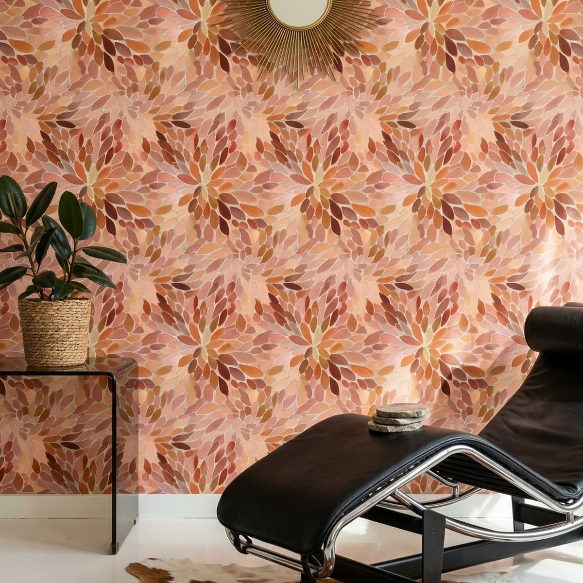 Yaprak Çiçek Desenli Duvar Kağıdı Pembe Kiremit Salon