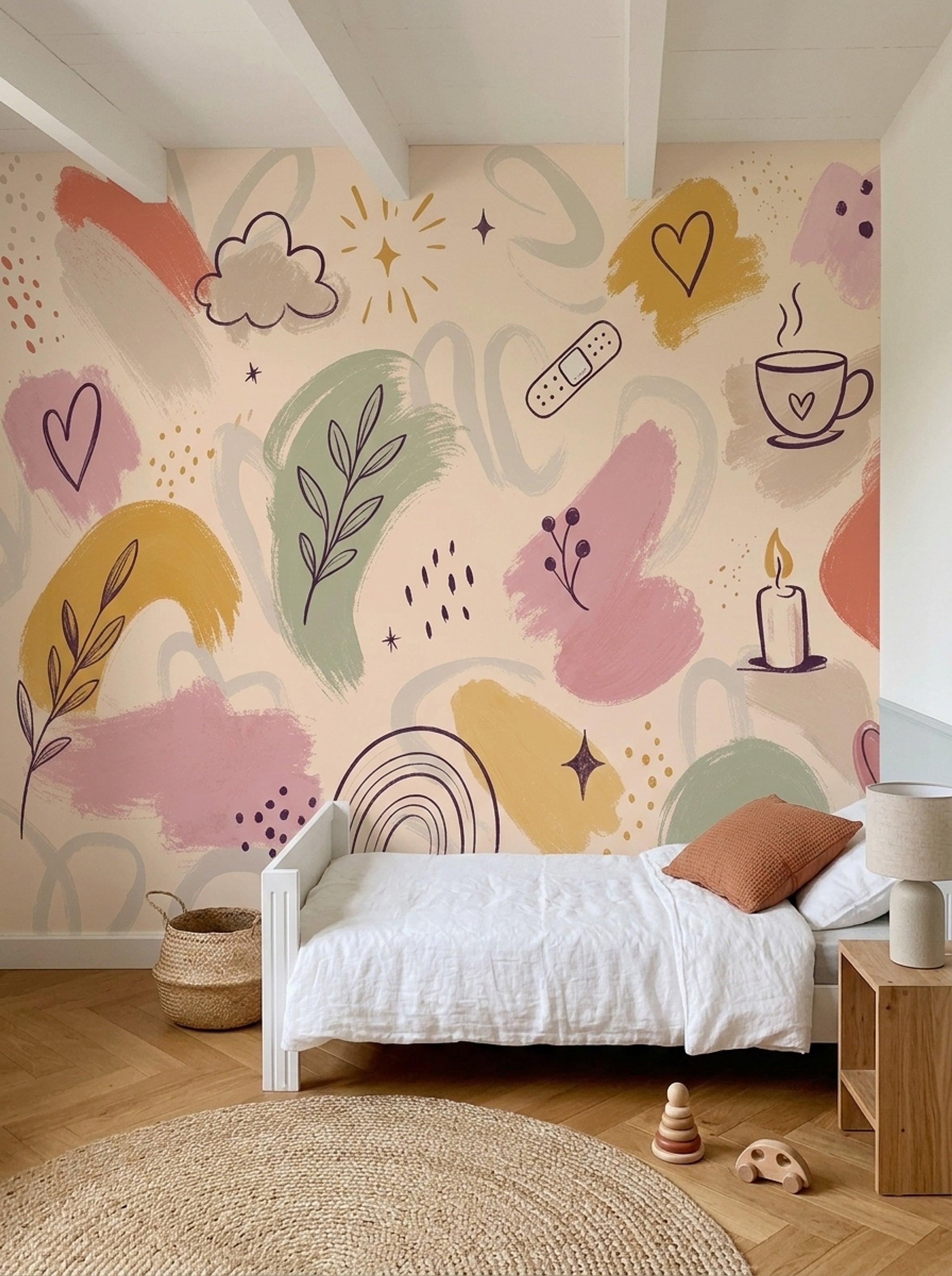 Pastel Çizimli Poster Duvar Kağıdı Kalp Bulut Çocuk Odası